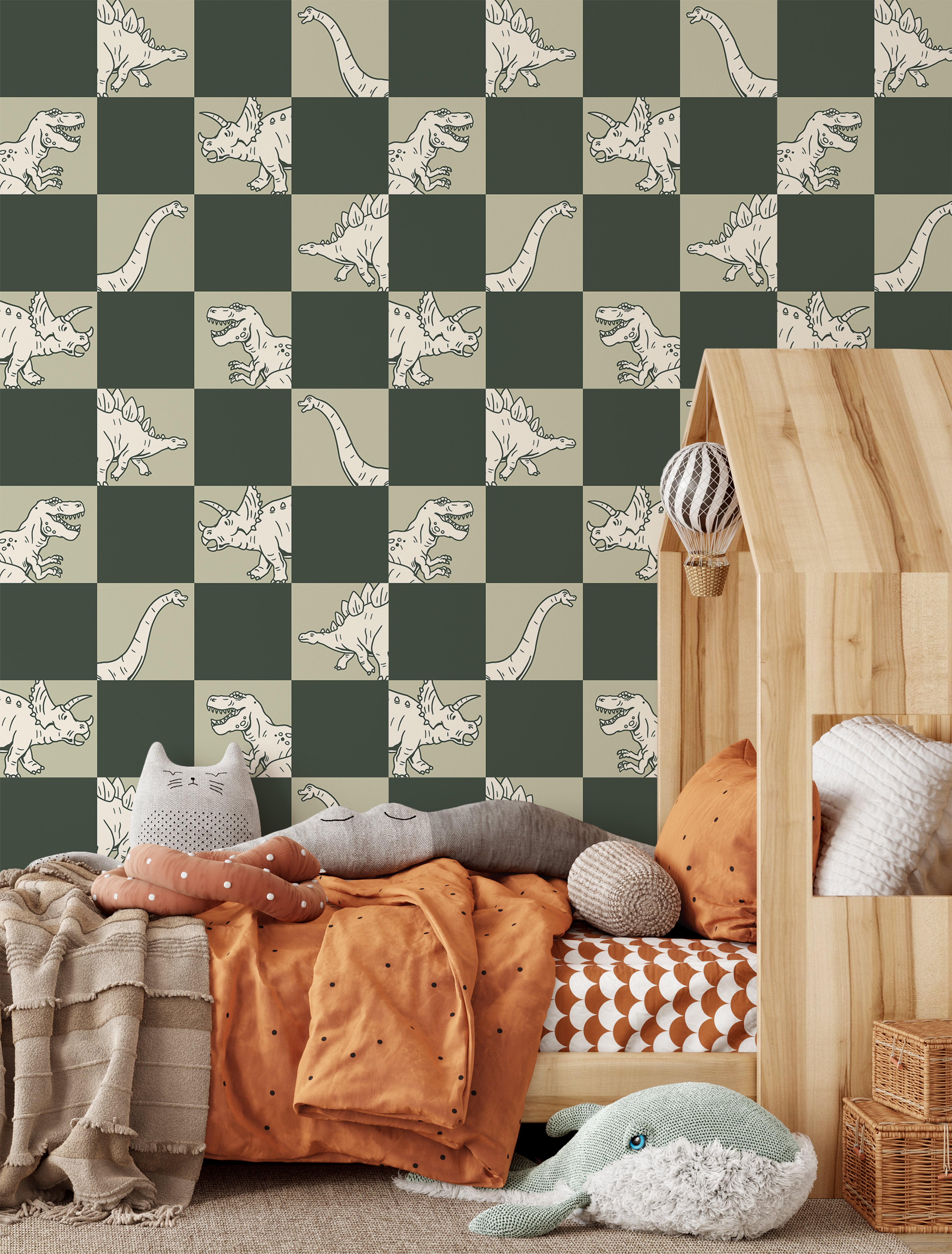  kids dinosaur wallpaper with checker pattern in bedroom setting