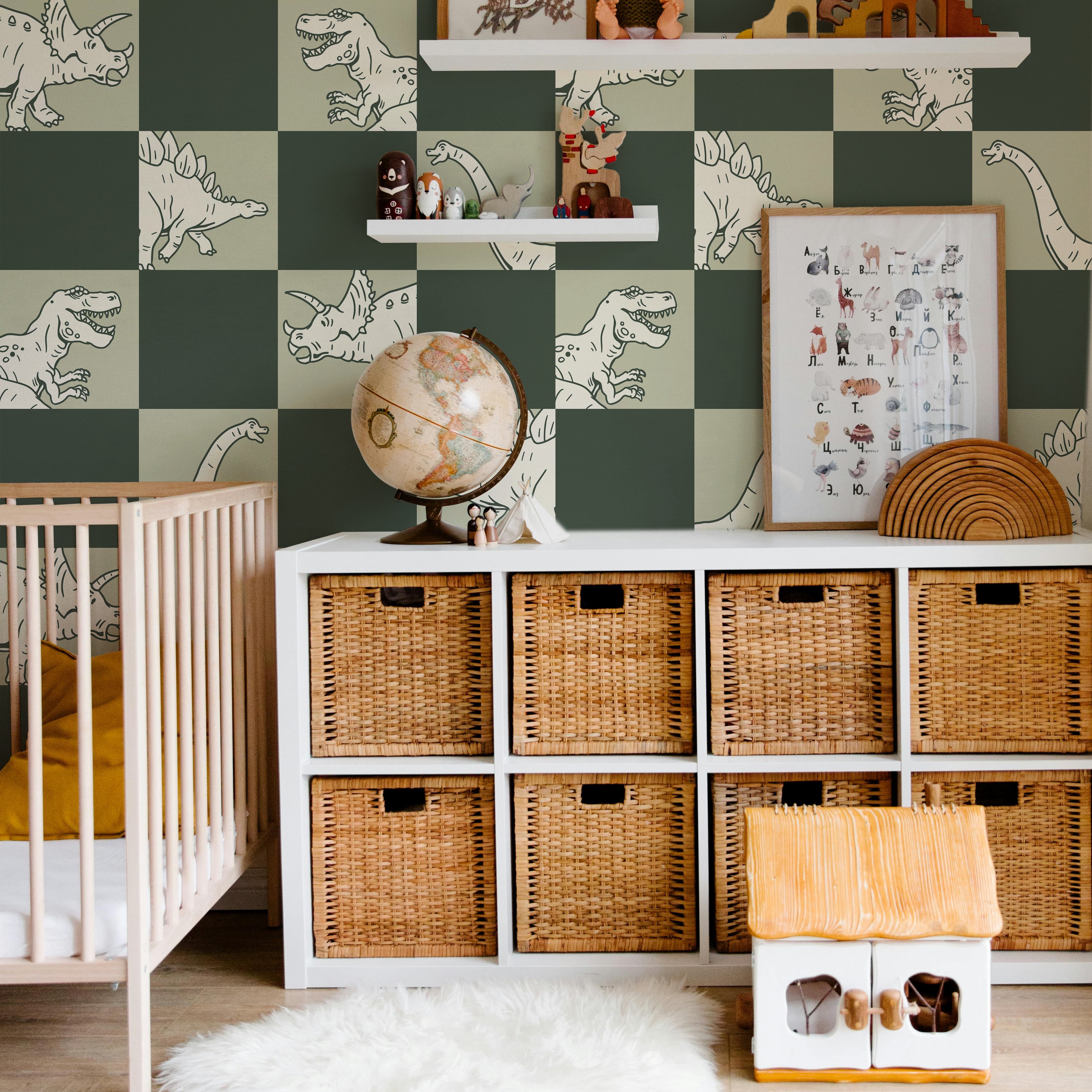 green dinosaur wallpaper in Playroom
with crib and neutral decor