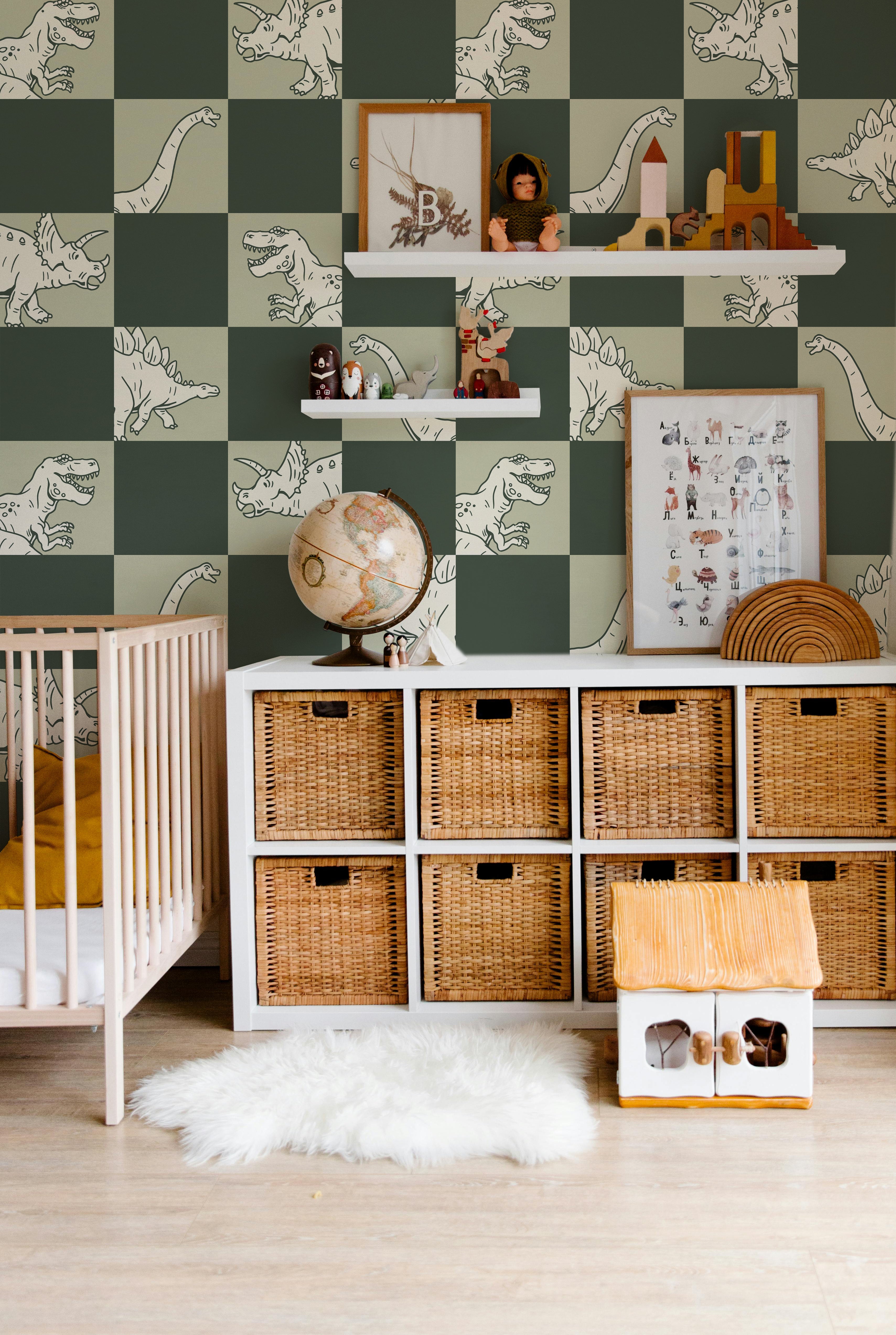 green dinosaur wallpaper in Playroom
with crib and neutral decor