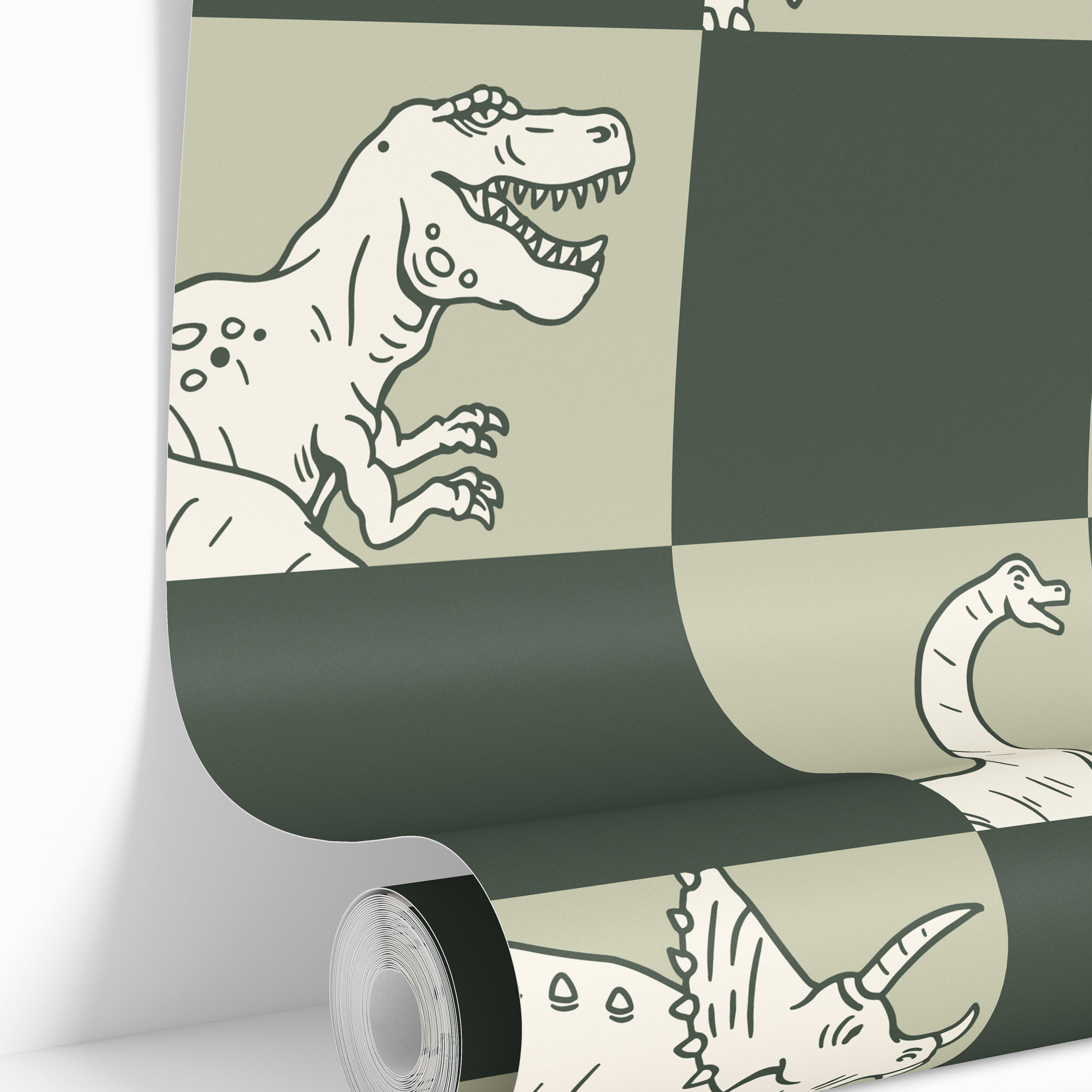 dinosaur wallpaper roll showing green checker pattern with line drawn dinosaurs