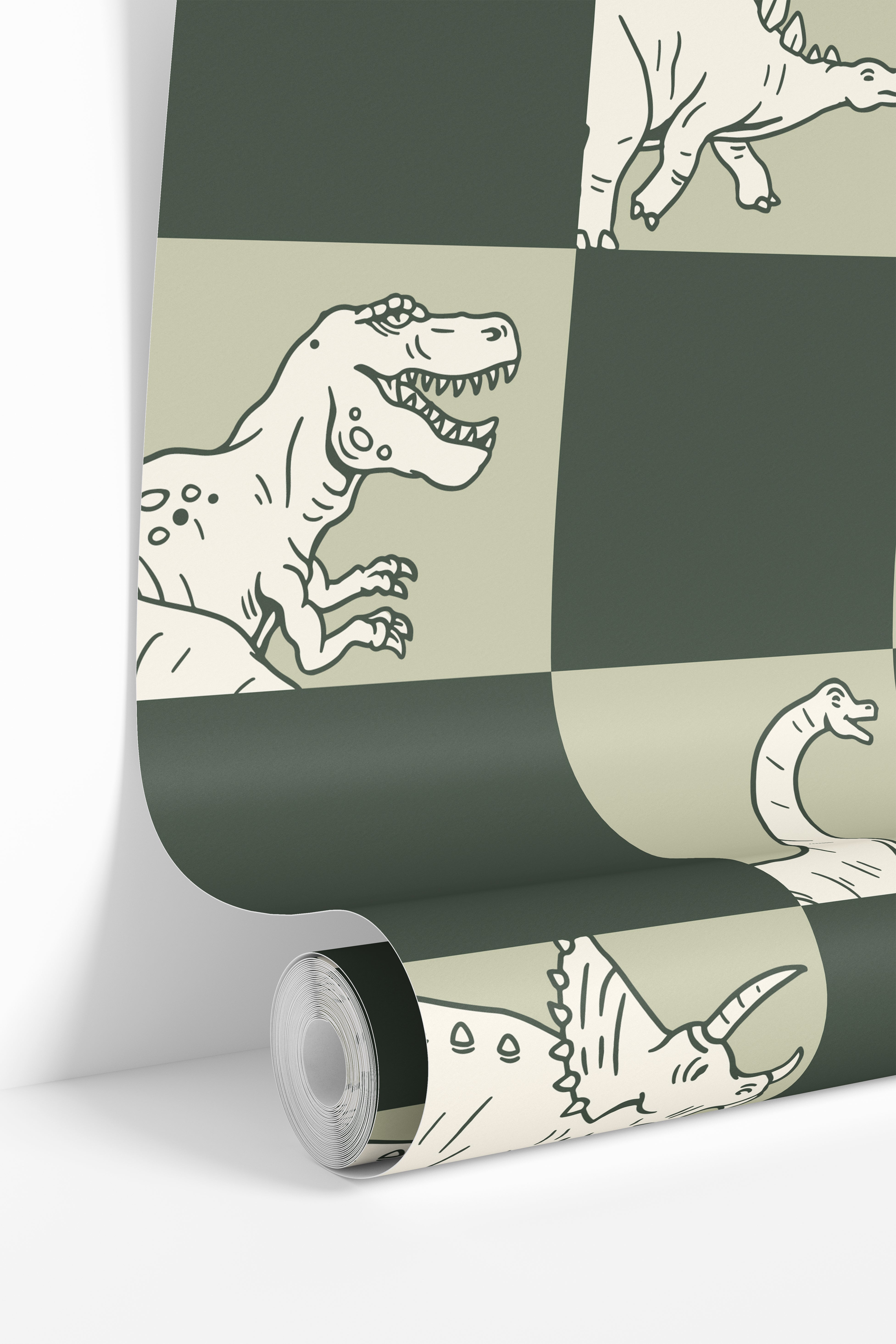 dinosaur wallpaper roll showing green checker pattern with line drawn dinosaurs