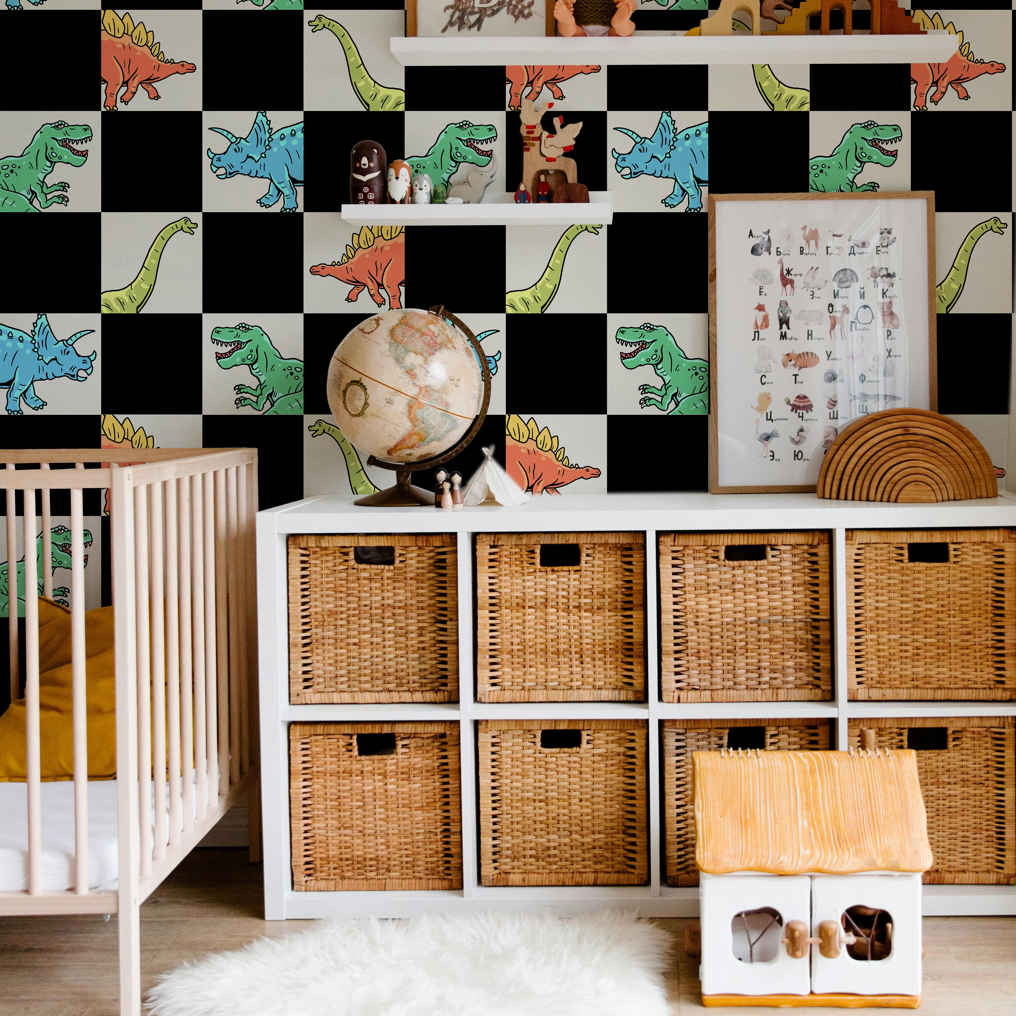 bold dinosaur wallpaper for kids bedroom with black checker background