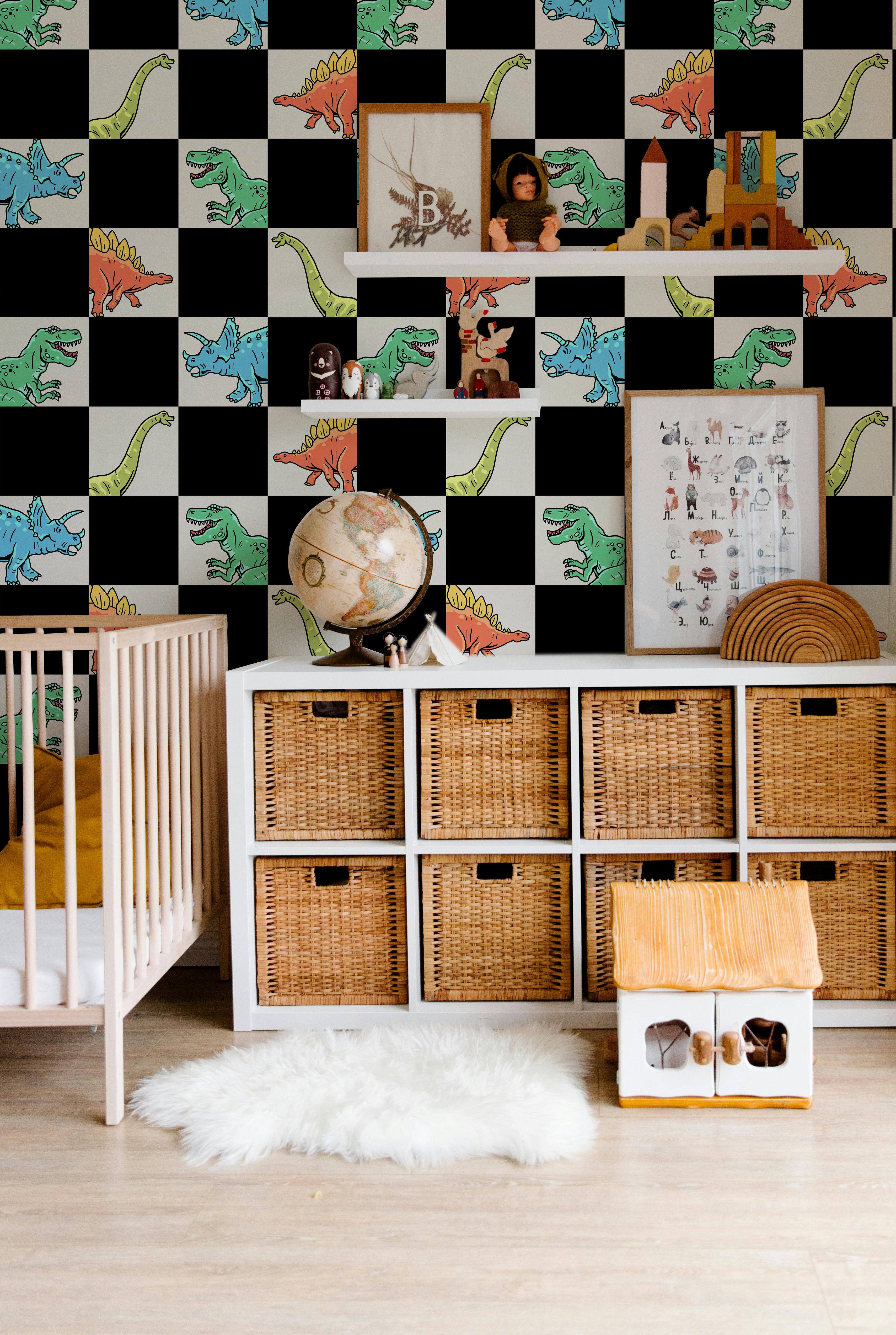 bold dinosaur wallpaper for kids bedroom with black checker background