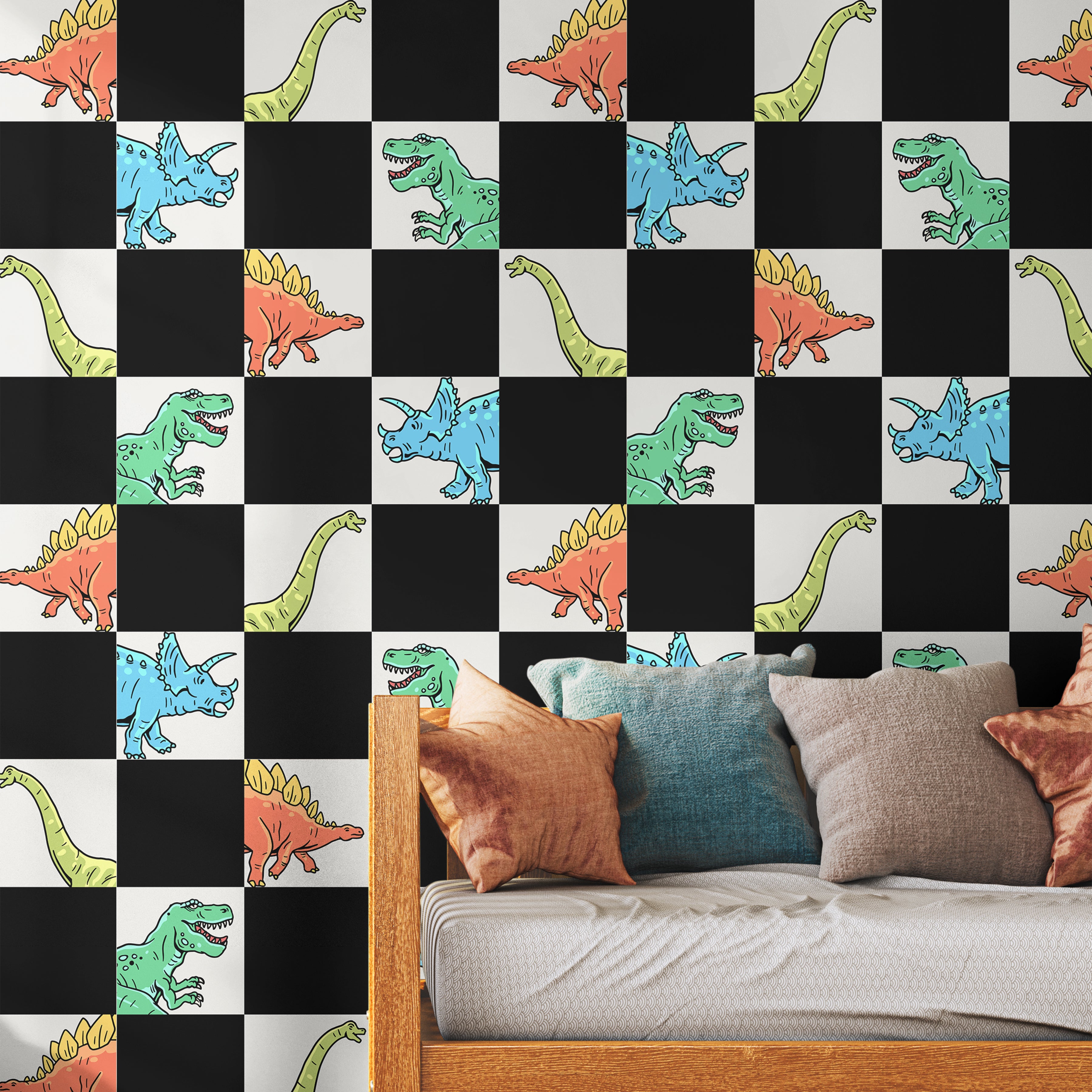 colorful dinosaur wallpaper for kids room with bold checker pattern in playroom setting