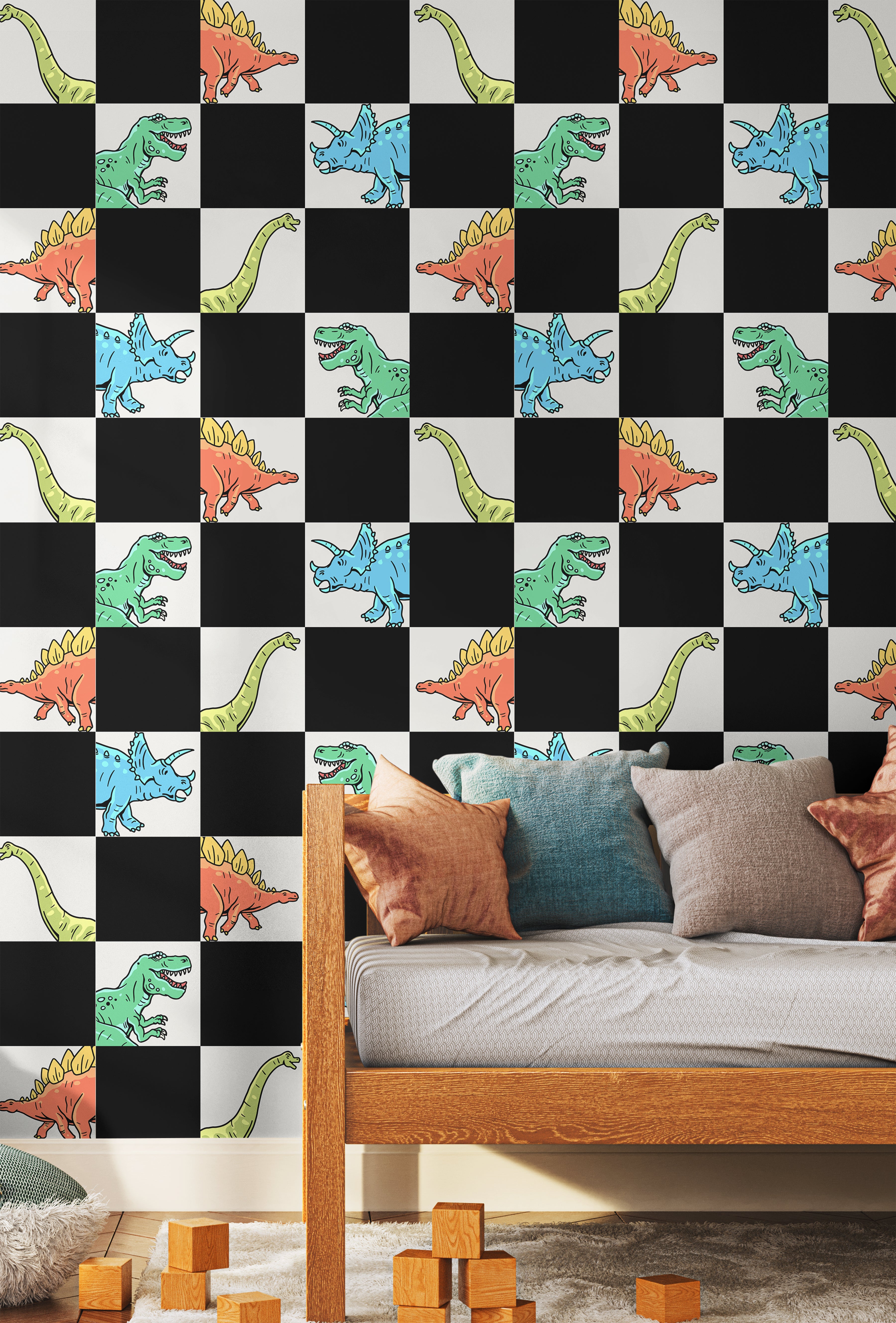 colorful dinosaur wallpaper for kids room with bold checker pattern in playroom setting