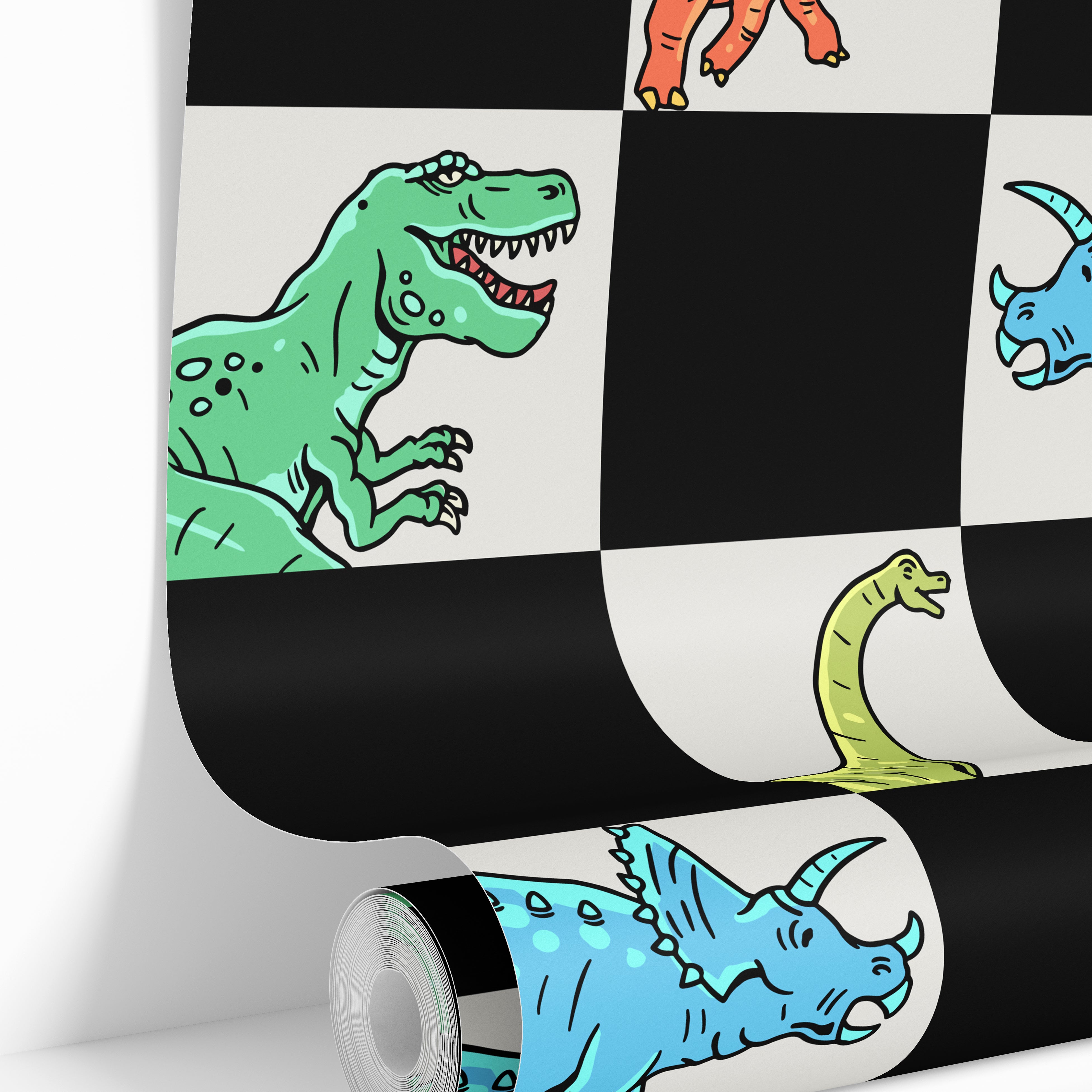 dinosaur wallpaper roll with colorful dinosaurs and checker pattern