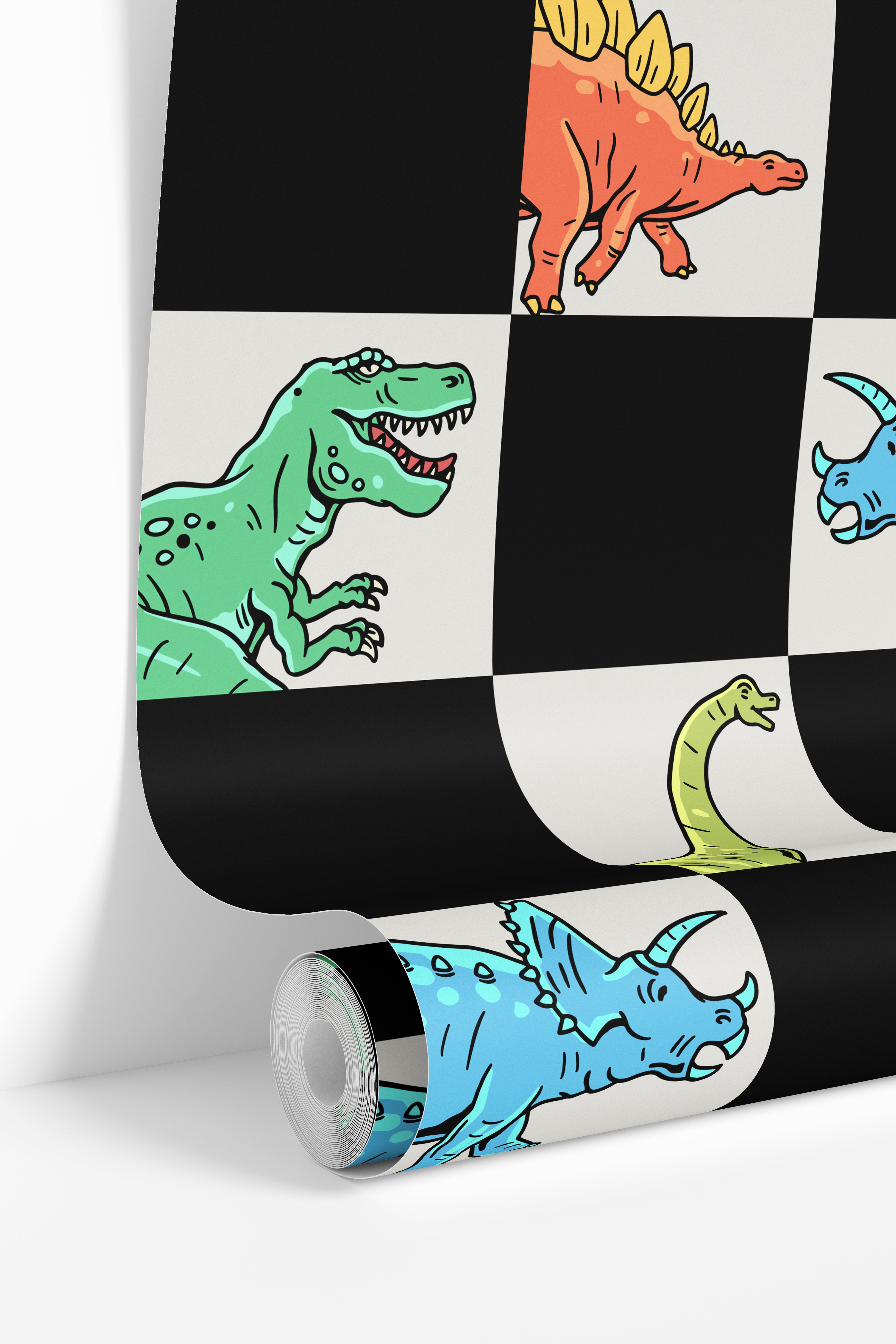 dinosaur wallpaper roll with colorful dinosaurs and checker pattern