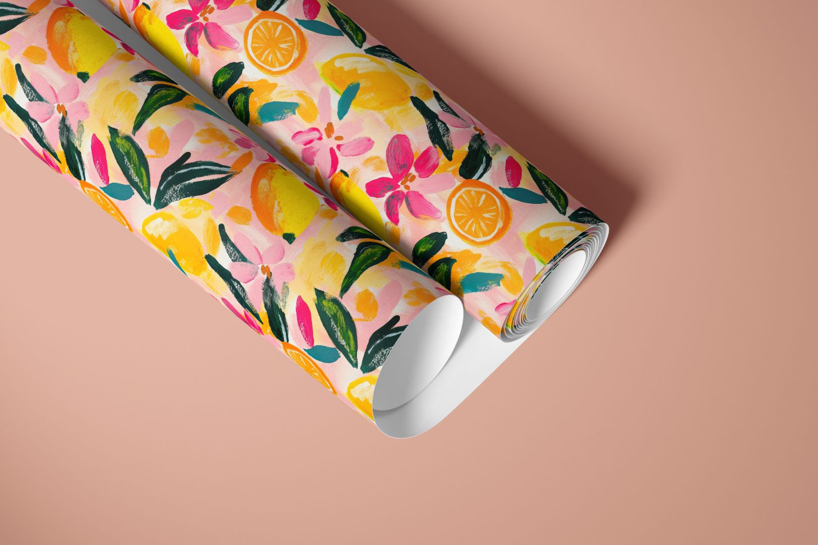 contact paper roll showing pink fruit and floral pattern for cabinets shelves and furniture surfaces
