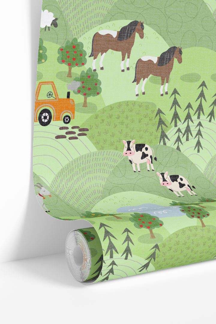 rolling meadow farm wallpaper roll showing horses cows and green countryside pattern