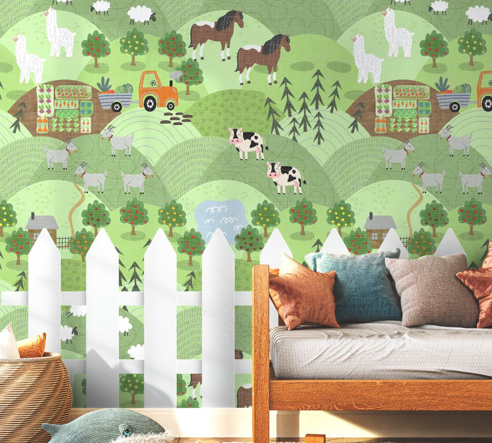 green farm wallpaper with sheep goats horses and orchards in a playroom setting