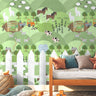 green farm wallpaper with sheep goats horses and orchards in a playroom setting