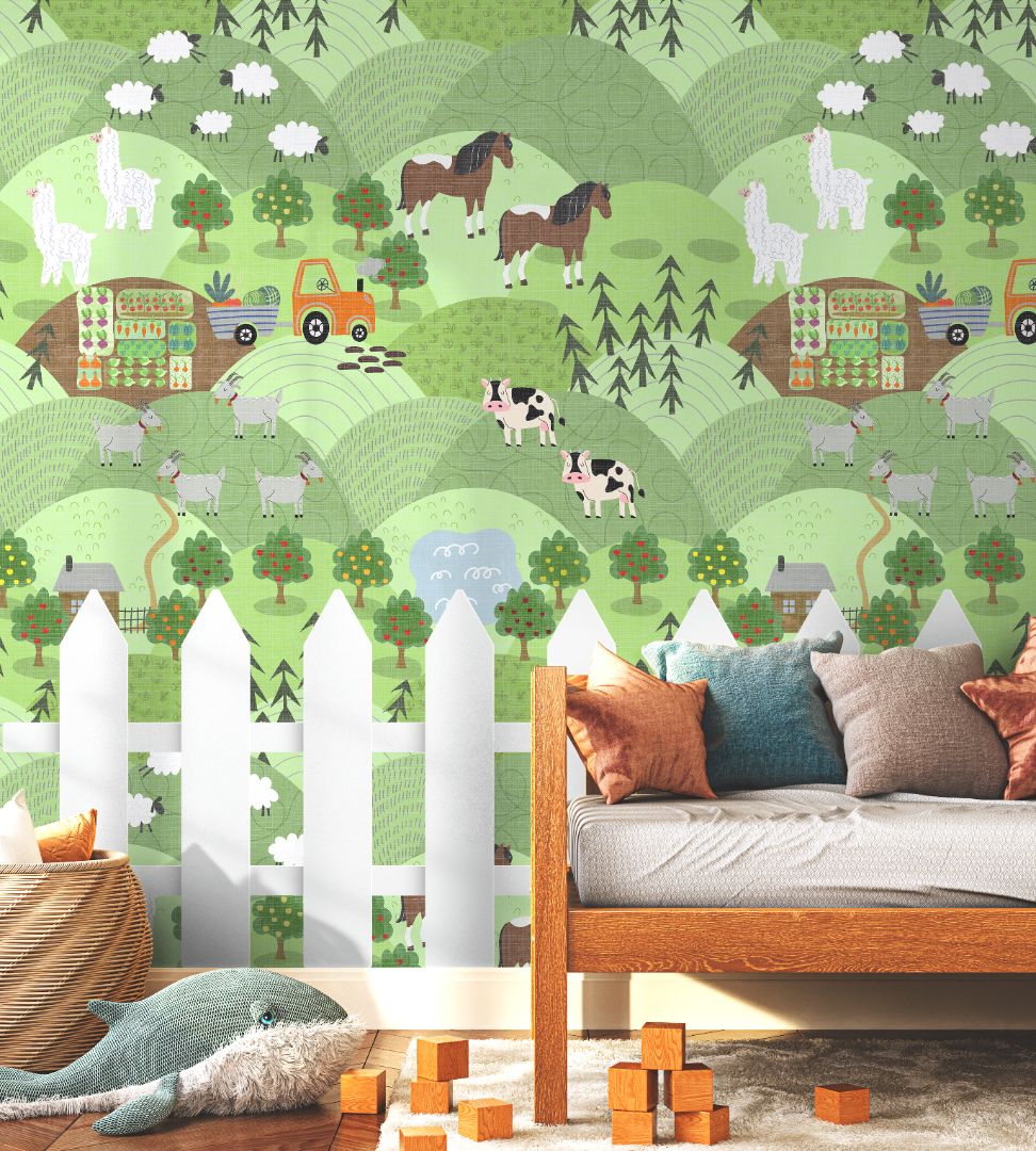 green farm wallpaper with sheep goats horses and orchards in a playroom setting