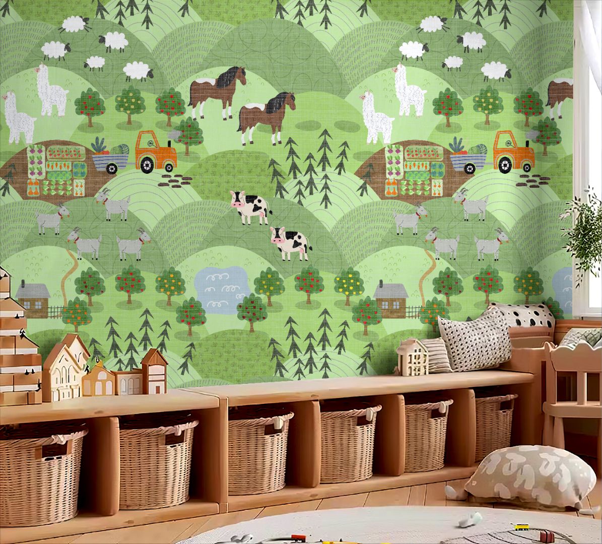 rolling meadow farm wallpaper with horses cows llamas and tractors in a children’s bedroom
