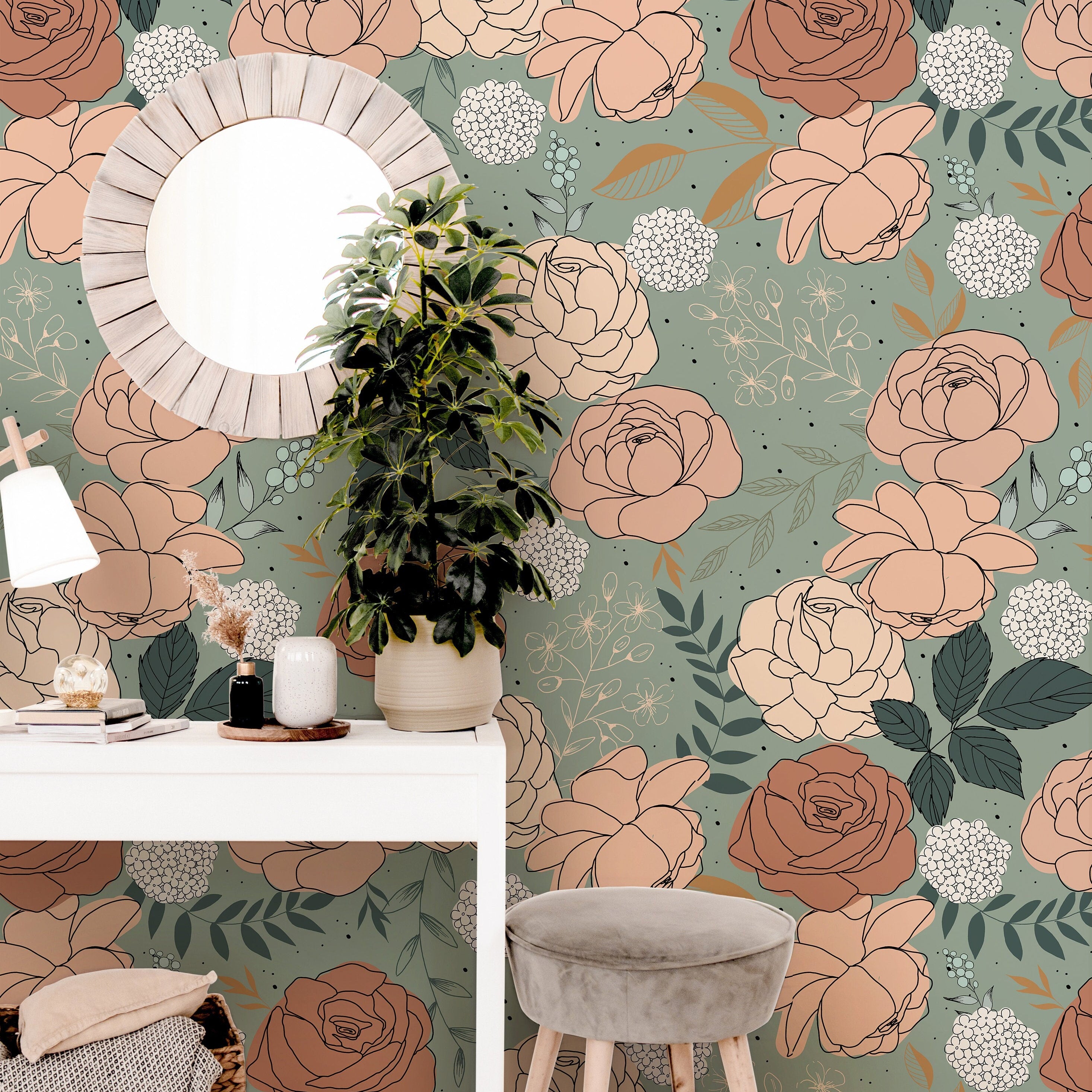 sage green nursery wallpaper with roses 155
