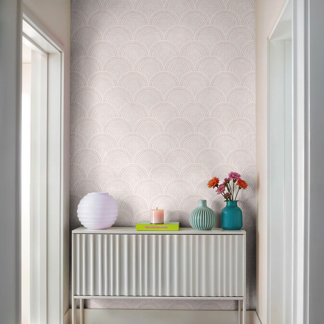 rosaline arch blush wallpaper in modern hallway with white cabinet and pastel decor accents