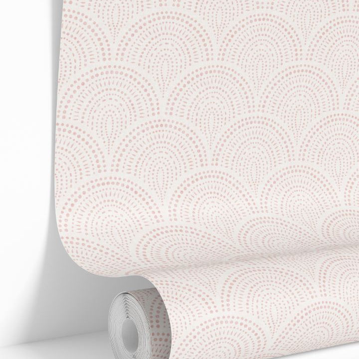 rosaline arch blush wallpaper roll with dotted art deco pattern in pale pink tones