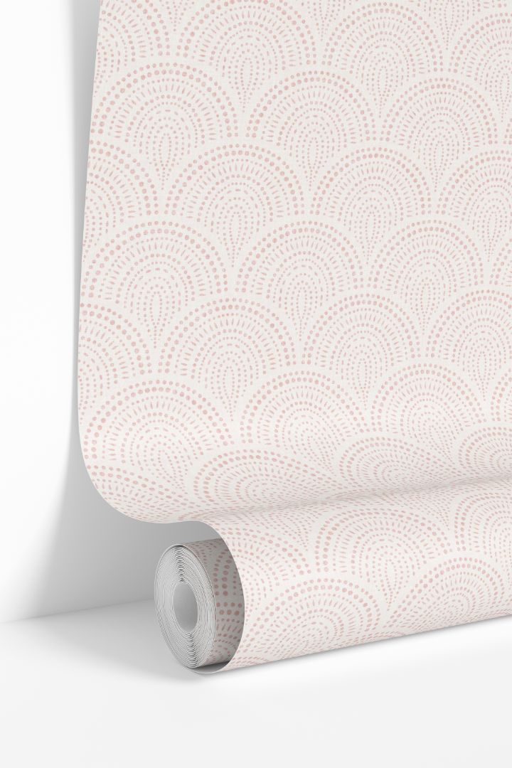 rosaline arch blush wallpaper roll with dotted art deco pattern in pale pink tones