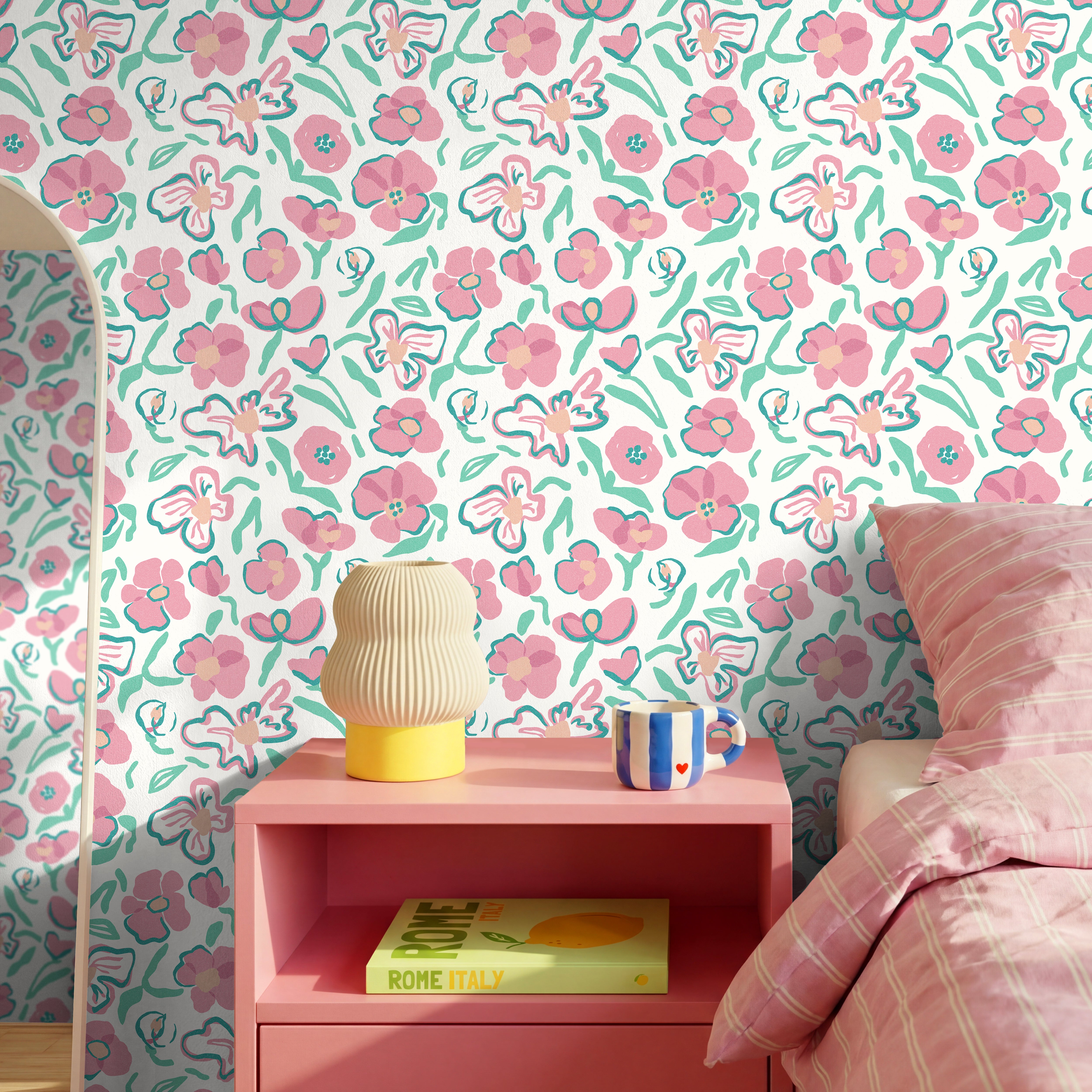 pink and mint floral wallpaper in bedroom with soft contour design and airy pattern
