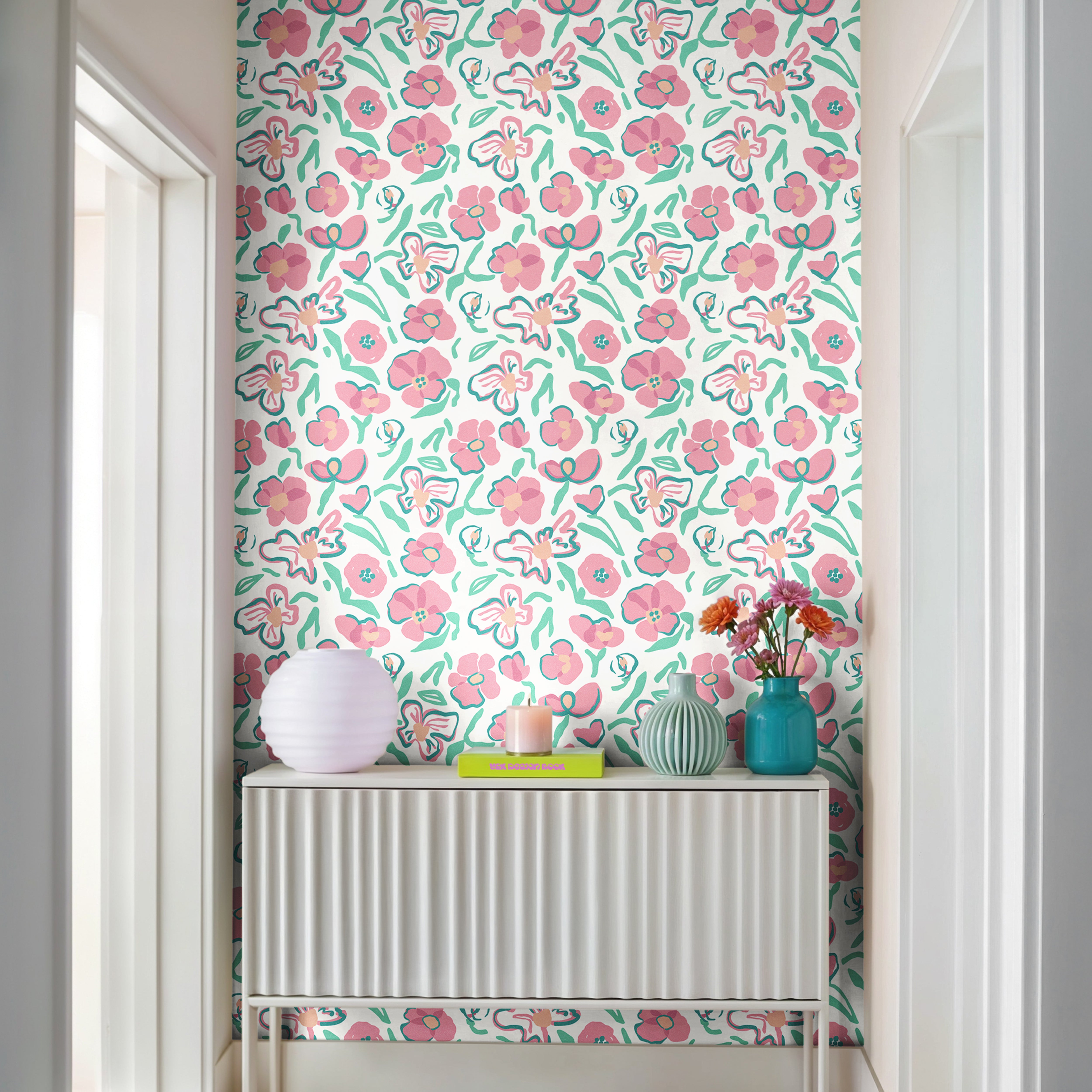 soft pink floral wallpaper with mint contour outlines in modern living room