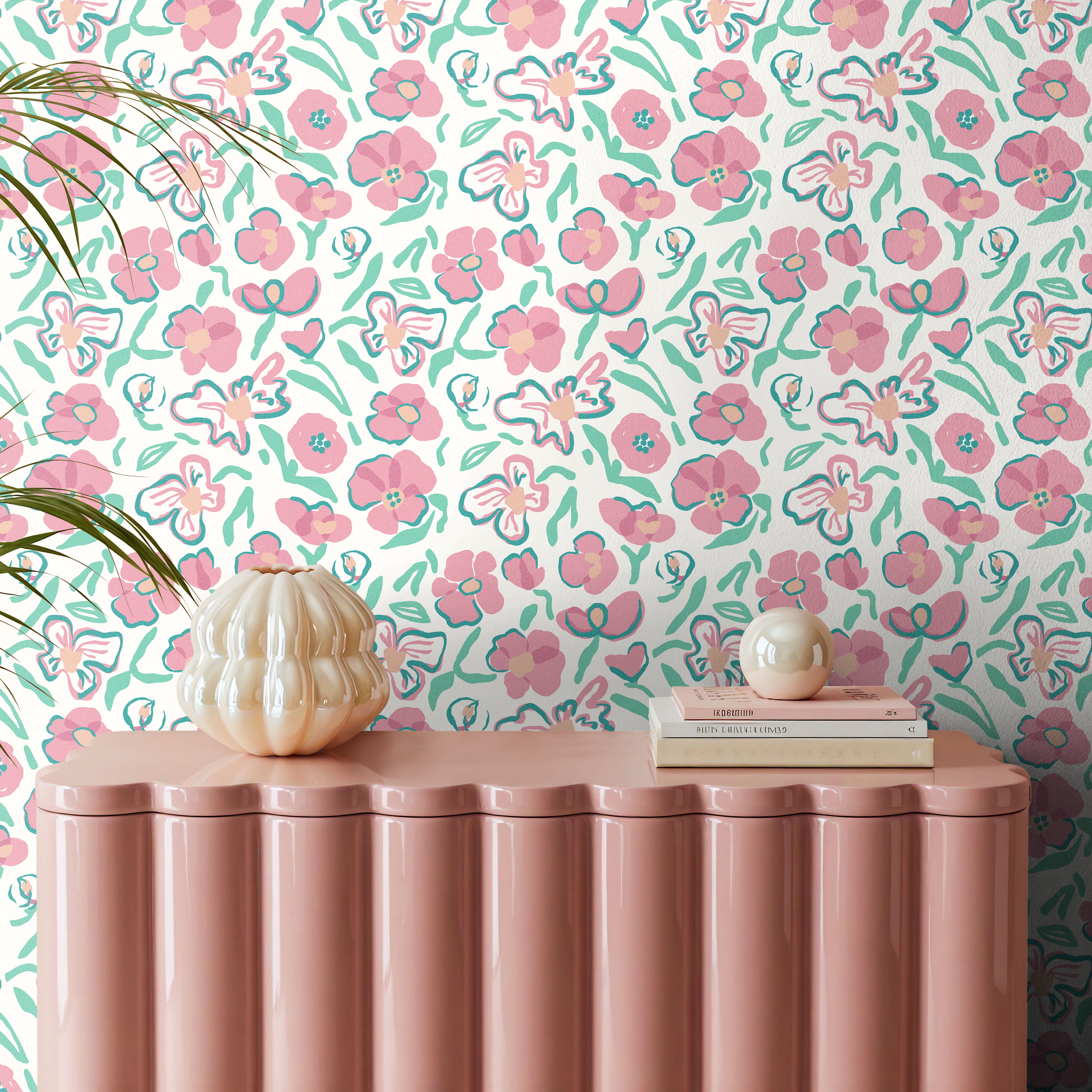 pastel pink and mint floral wallpaper in nursery with light playful design