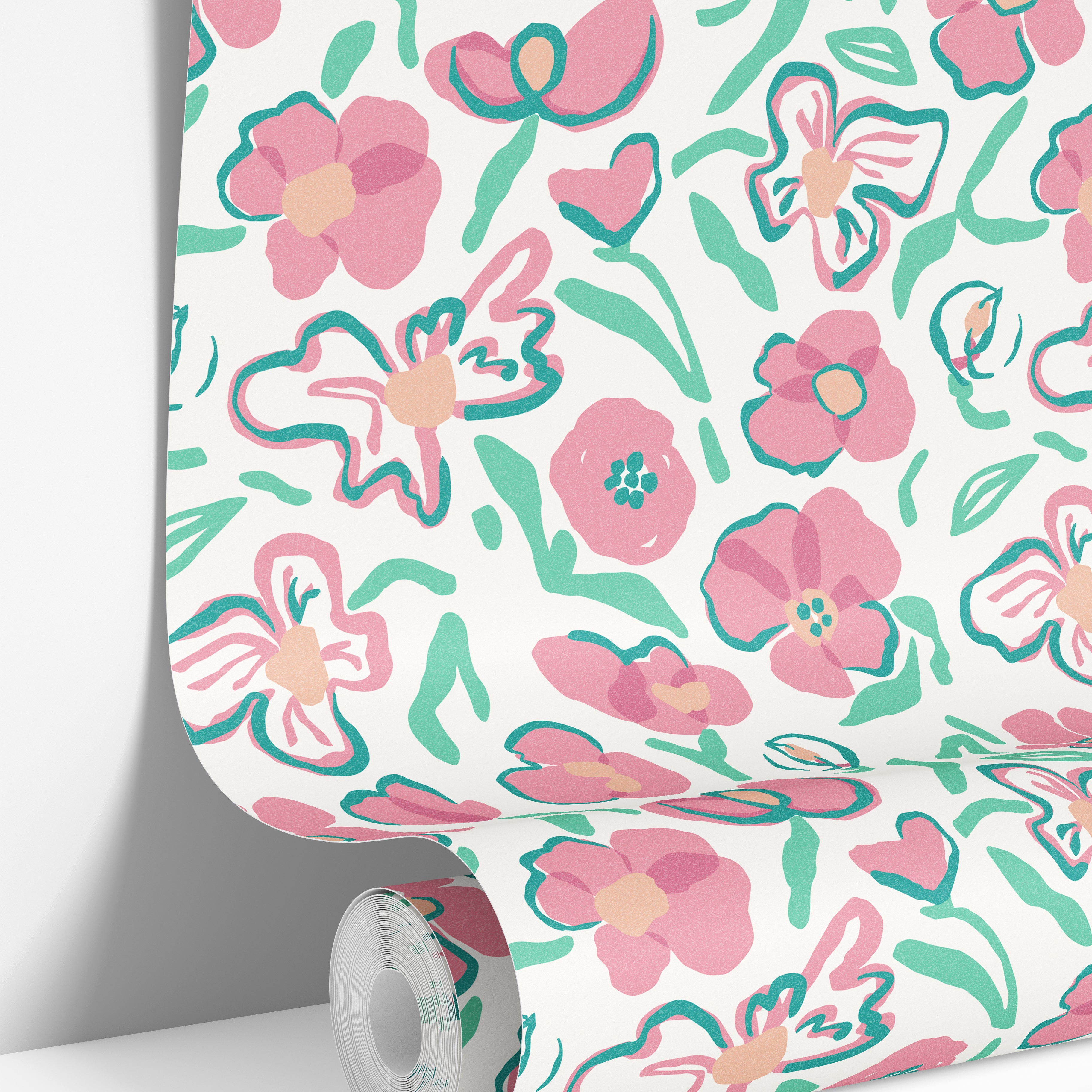 close view of pink floral wallpaper with mint contour outlines and soft botanical pattern