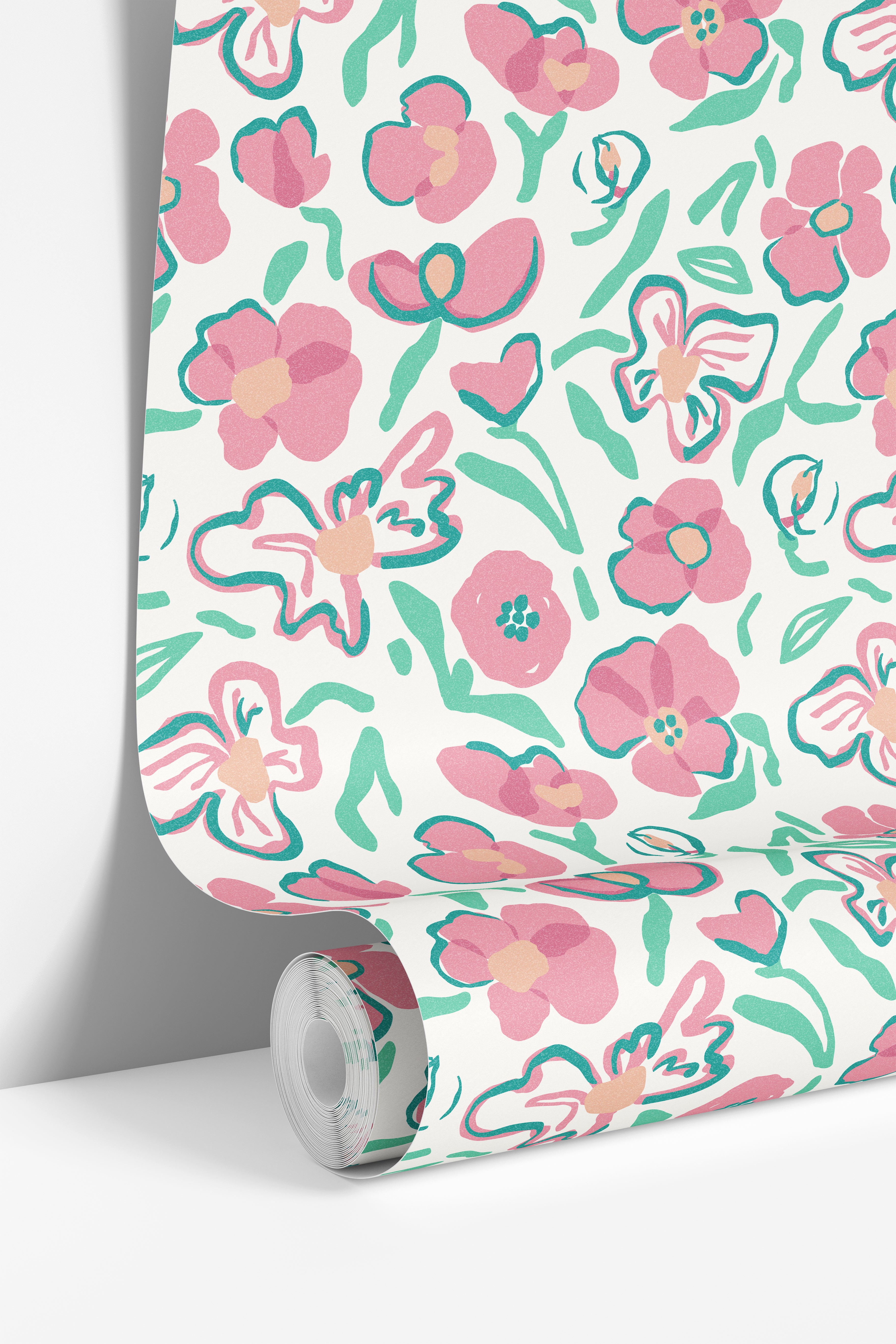 close view of pink floral wallpaper with mint contour outlines and soft botanical pattern