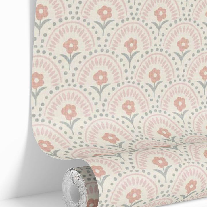 Roll of Rosette Arch Wallpaper featuring blush pink floral arches on cream background