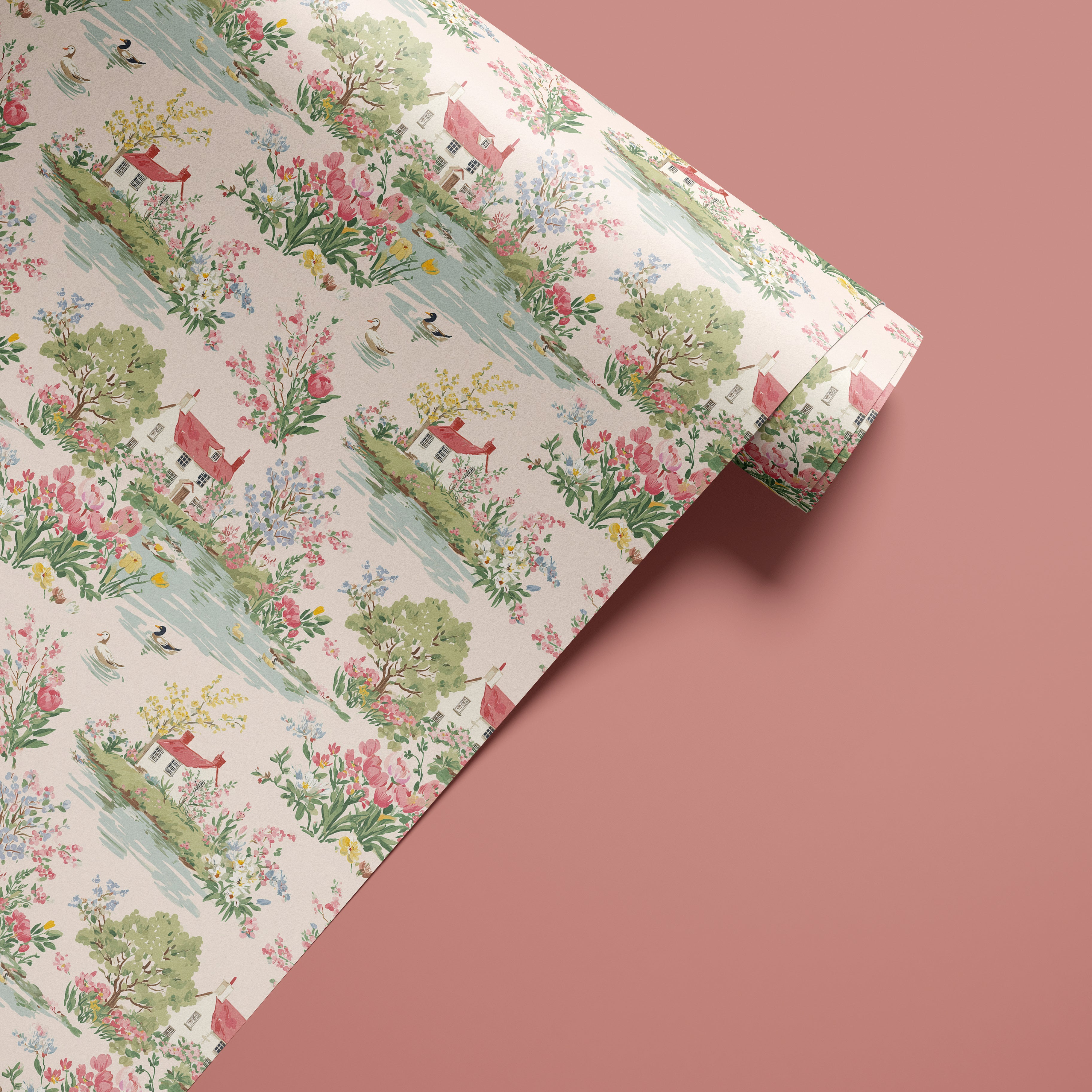 cottage landscape contact paper with flowers ponds and cottages