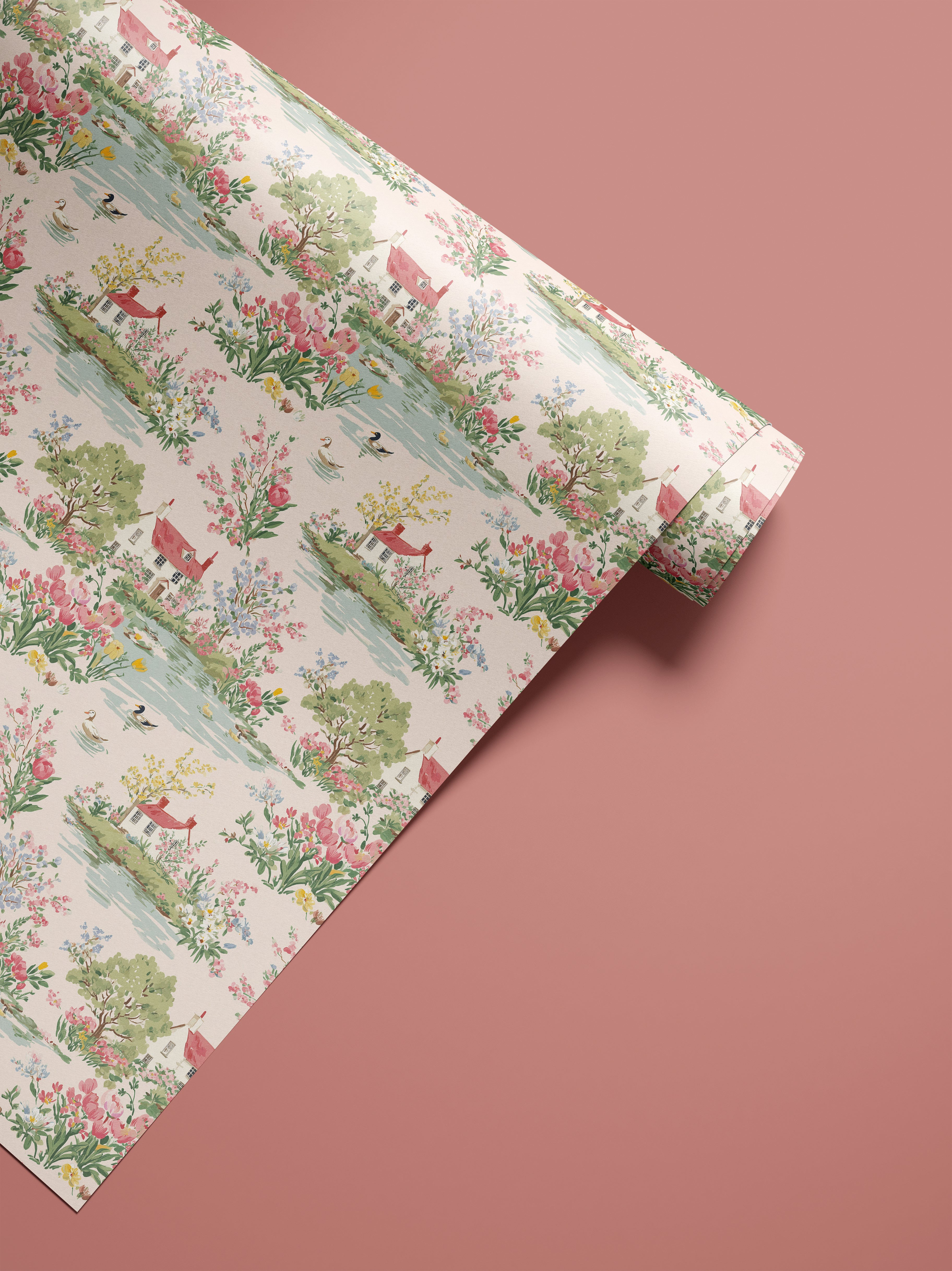 cottage landscape contact paper with flowers ponds and cottages
