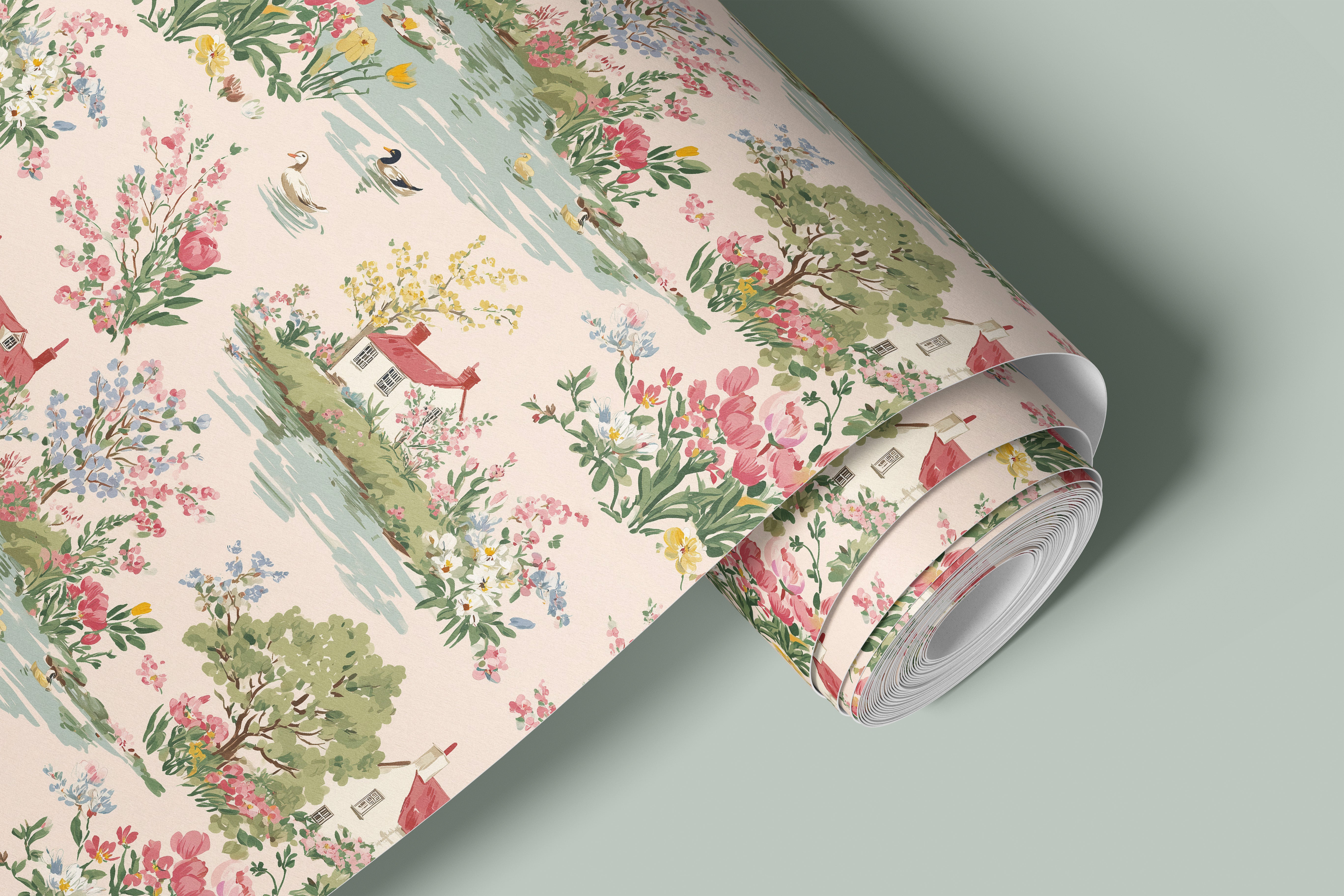 rosewater house contact paper roll with watercolor cottage landscape