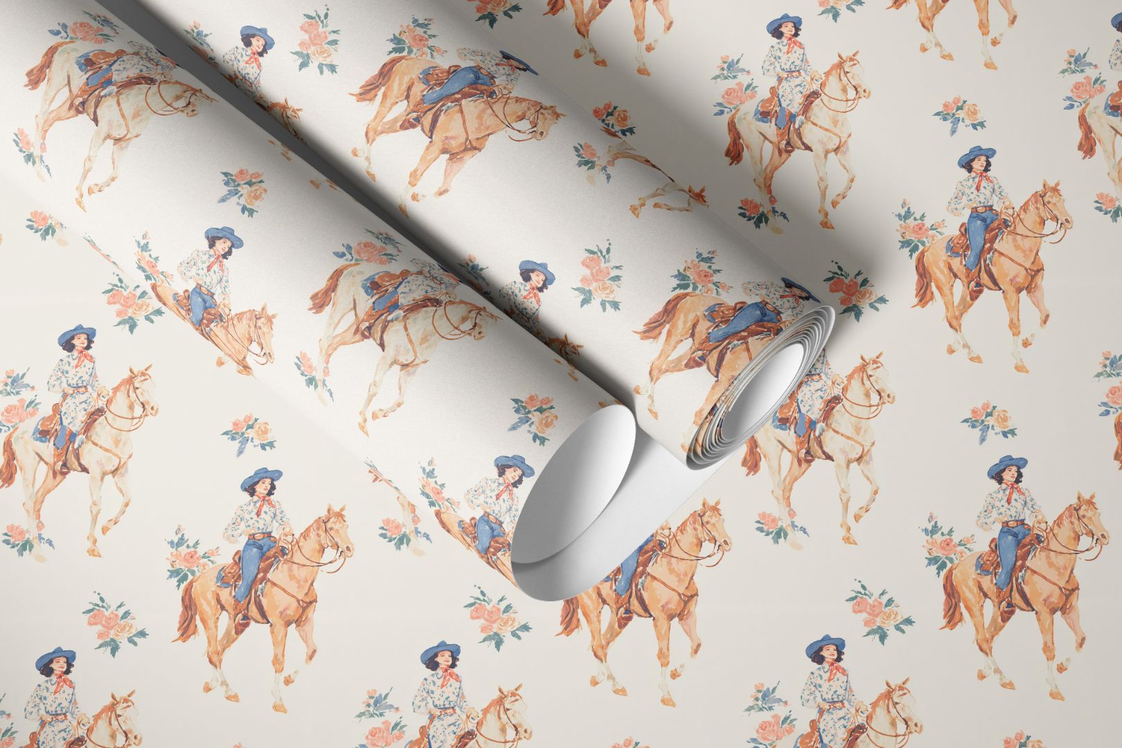 close up of the rosewood rider contact paper roll showing painted horseback rider and blush floral details