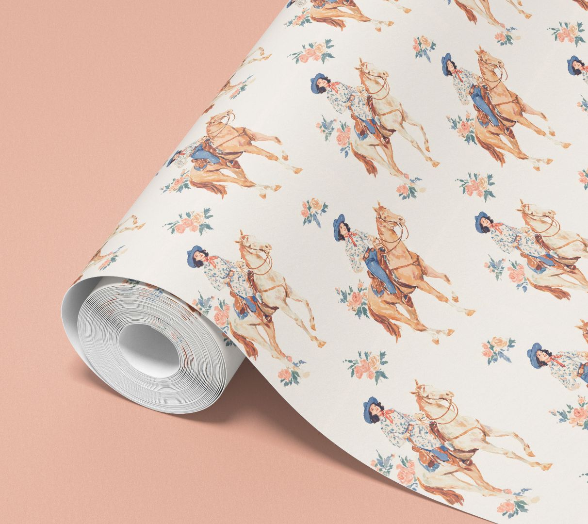 contact paper roll showing the rosewood rider equestrian design with a cowgirl on horseback and soft rose florals