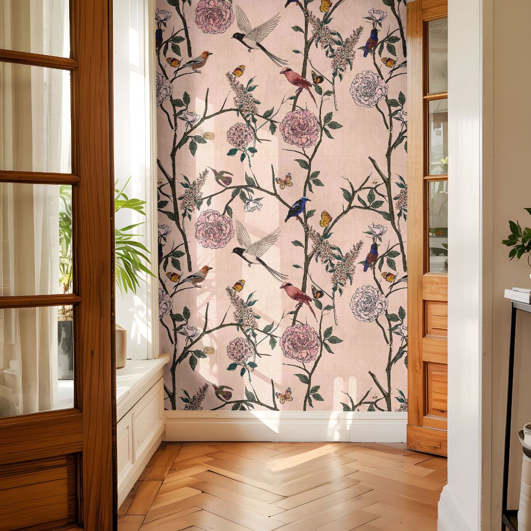 Rosy Aviary wallpaper in blush tones with detailed bird and floral pattern