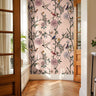 Rosy Aviary wallpaper in blush tones with detailed bird and floral pattern