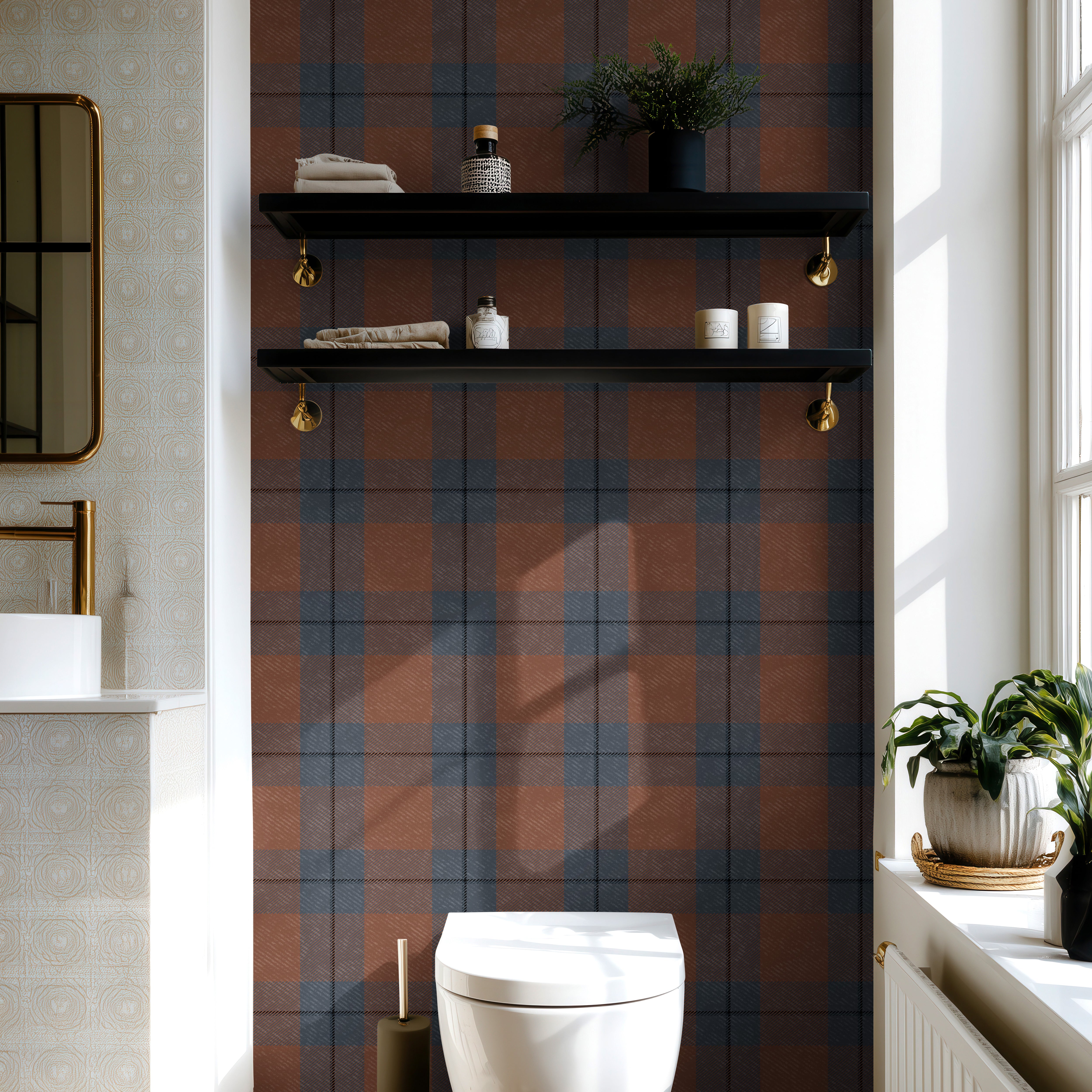 rust and charcoal plaid wallpaper in bathroom with shelves and brass accents