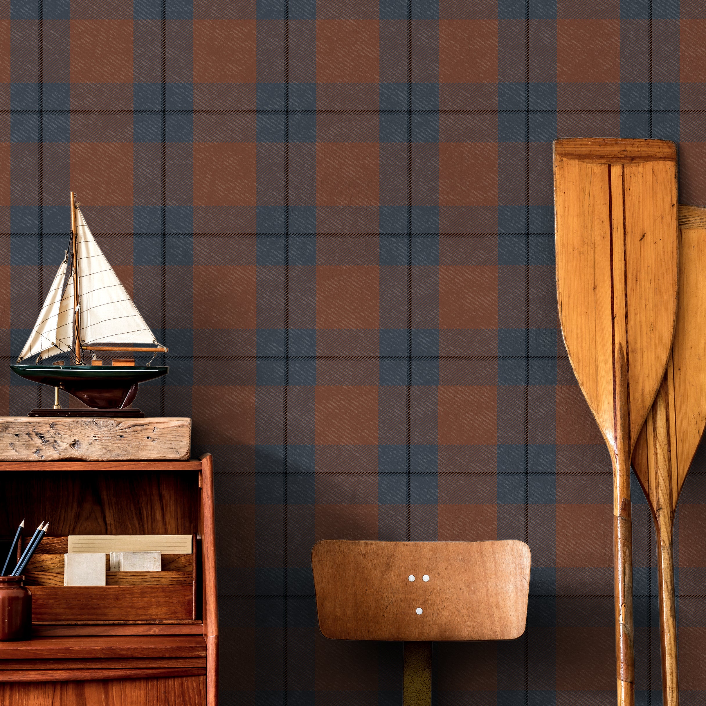 dark rust plaid wallpaper with charcoal grid in modern interior setting