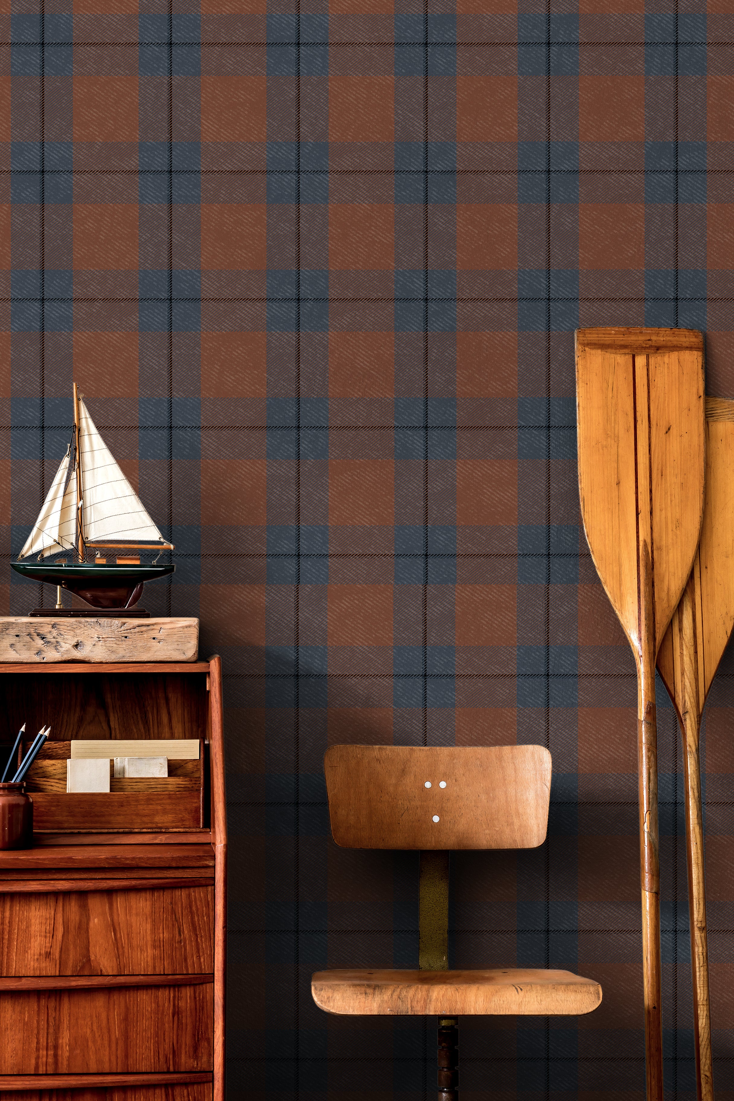 dark rust plaid wallpaper with charcoal grid in modern interior setting