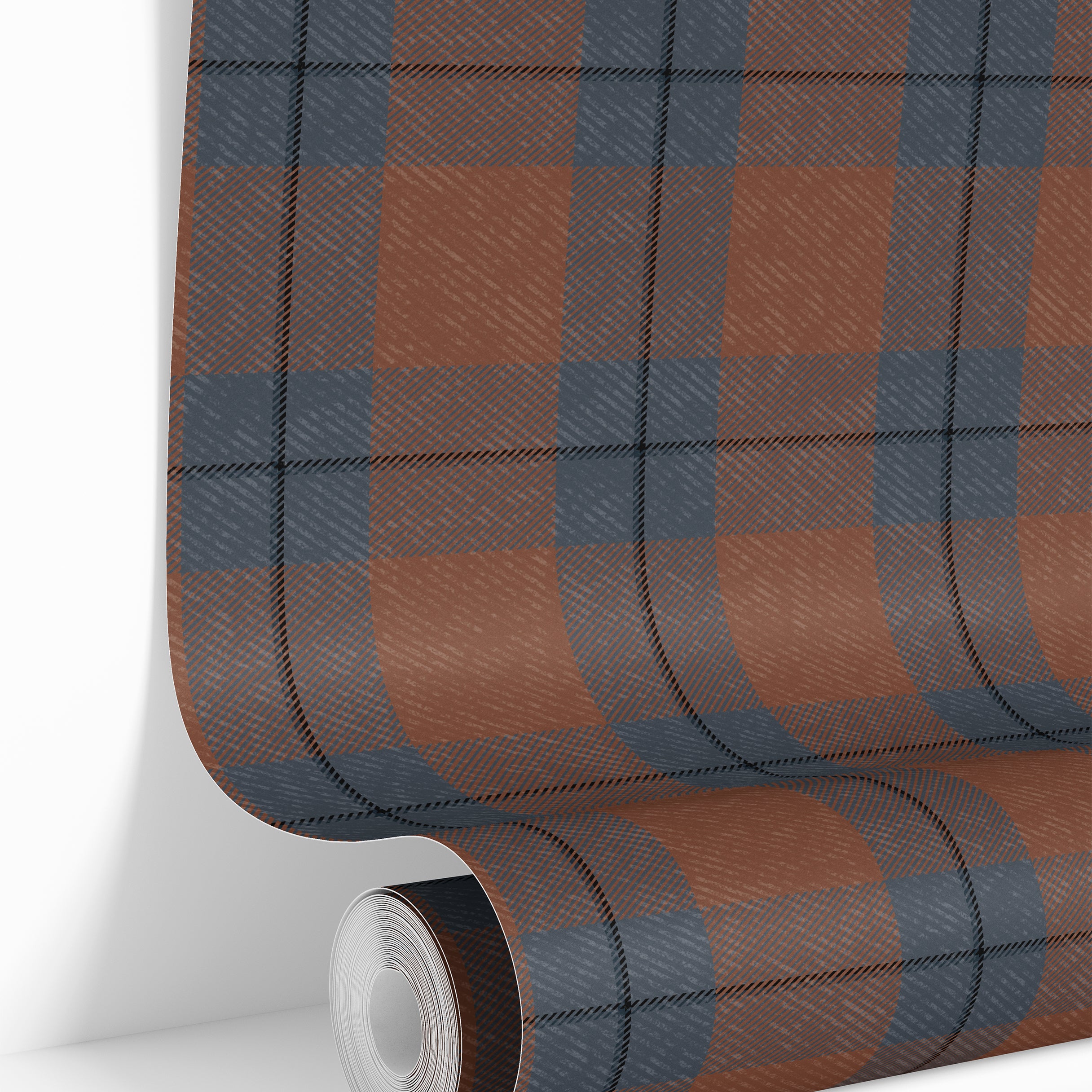 russet plaid wallpaper roll showing rust and charcoal plaid pattern