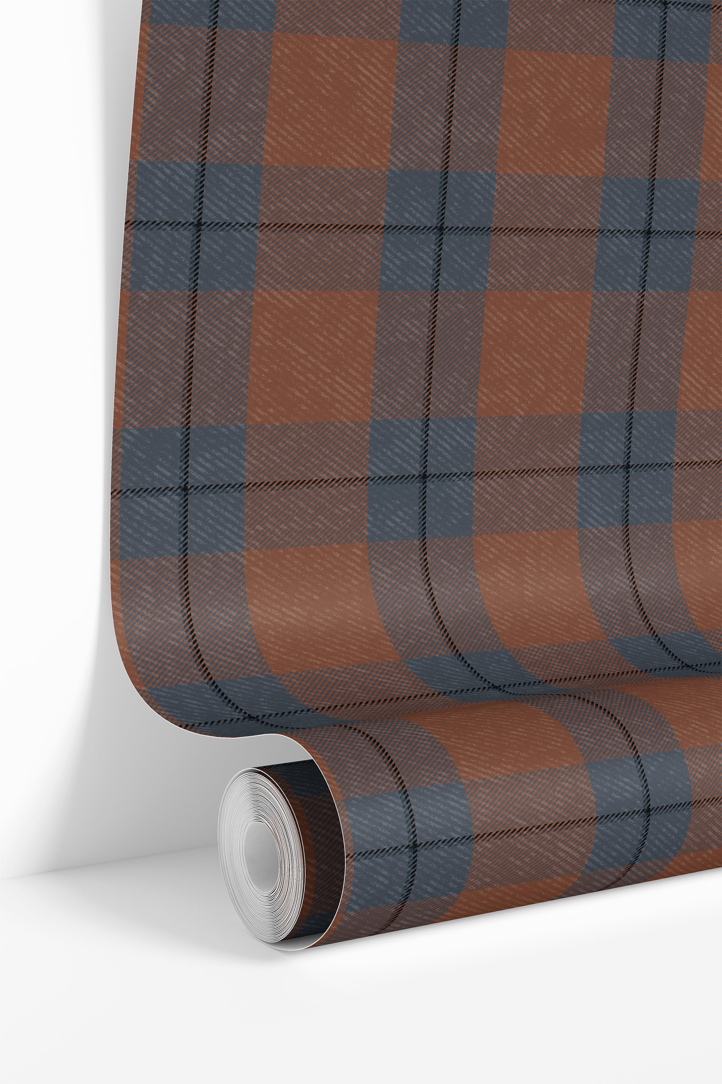 russet plaid wallpaper roll showing rust and charcoal plaid pattern