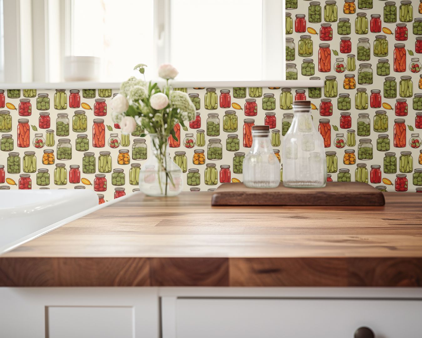 farmhouse kitchen backsplash with pickled pantry wallpaper 2138 featuring colorful jars