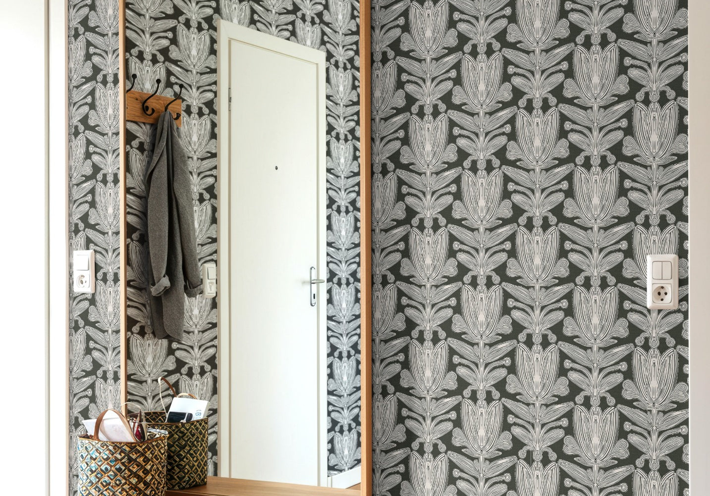 Parkland Florette structured floral wallpaper in sage green tones with elegant symmetrical floral design