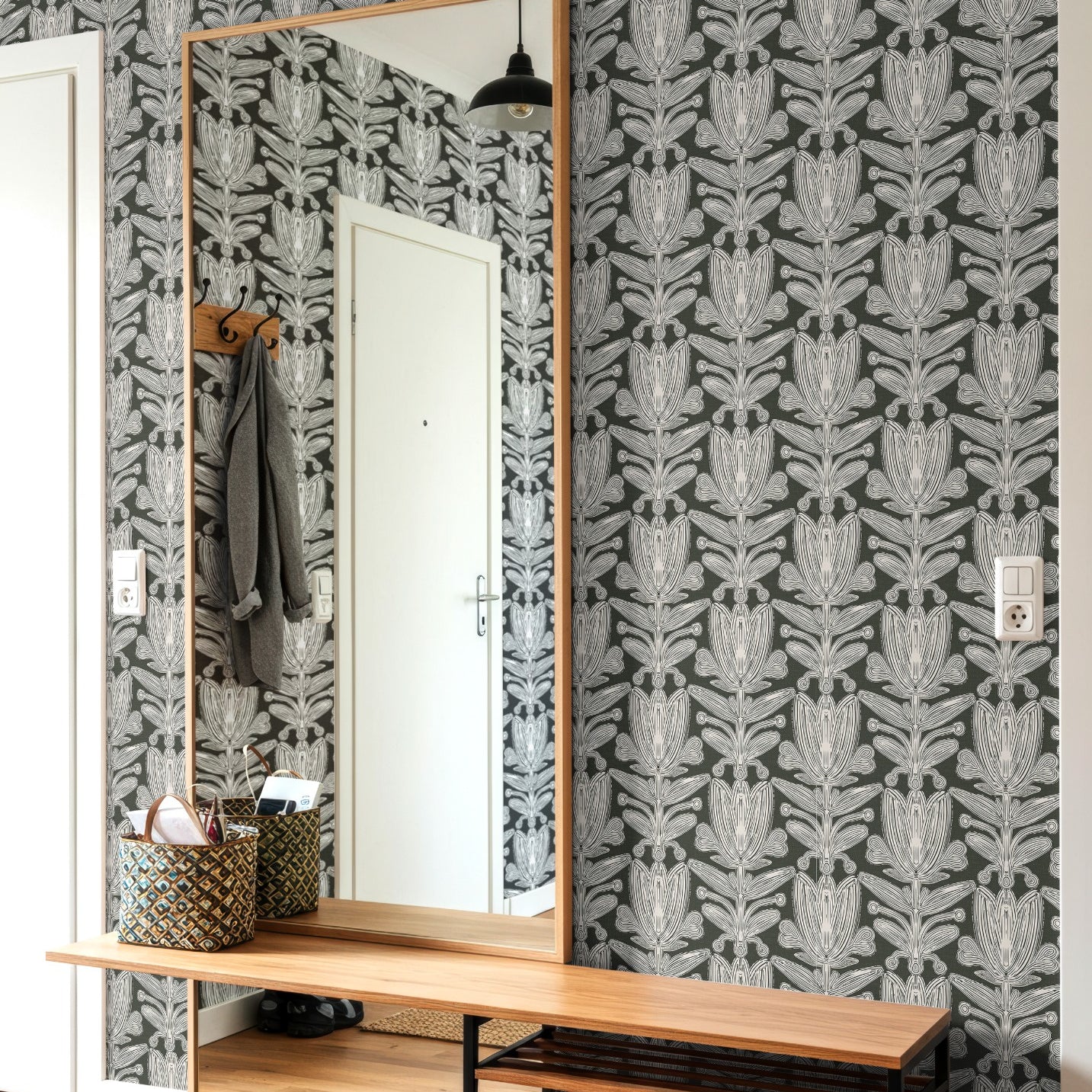 Parkland Florette structured floral wallpaper in sage green tones with elegant symmetrical floral design