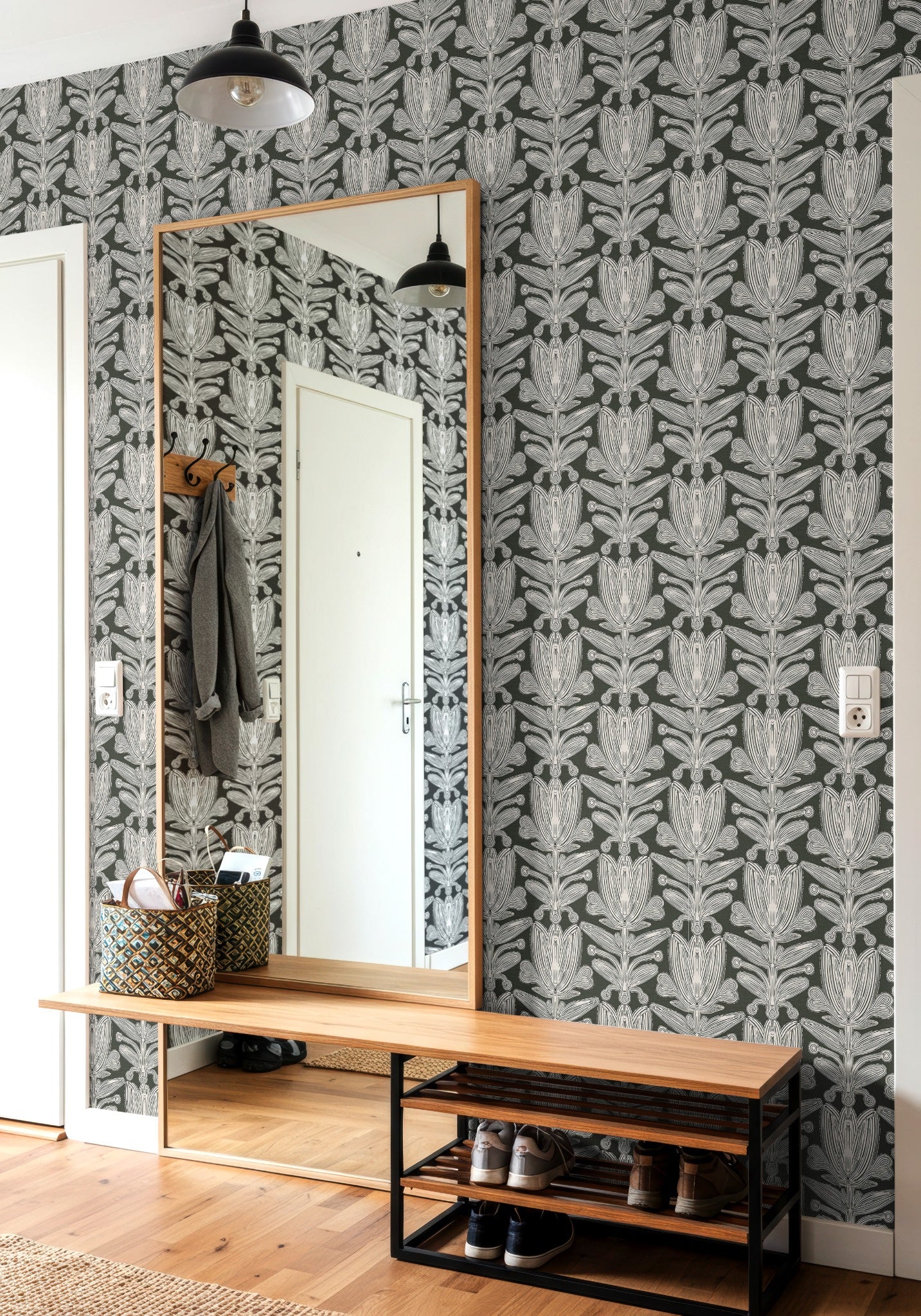Parkland Florette structured floral wallpaper in sage green tones with elegant symmetrical floral design