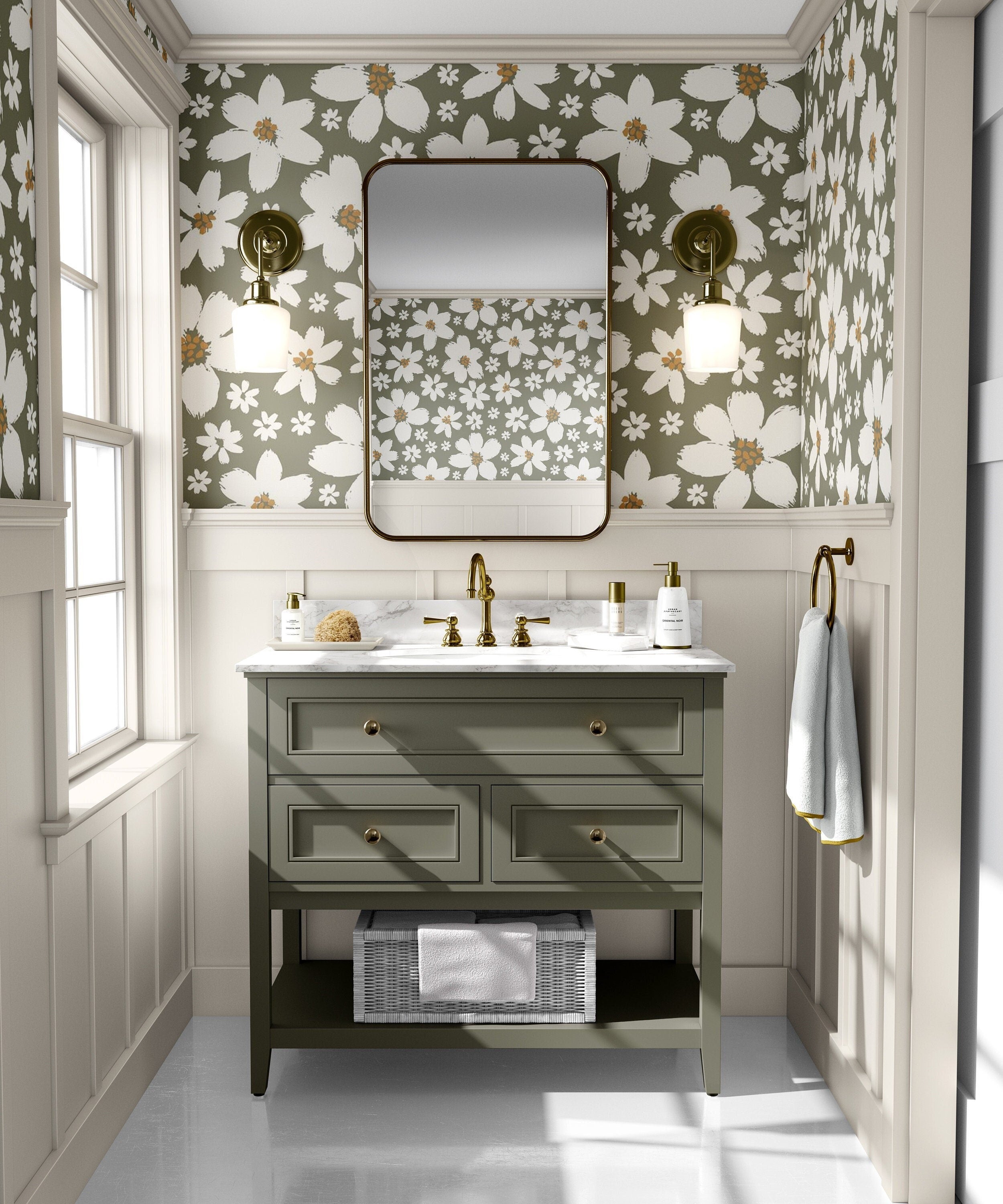 Sage Haven Neutral Floral Wallpaper – soft botanical pattern with sage green leaves and cream florals on a neutral background, styled in a serene bedroom interior.