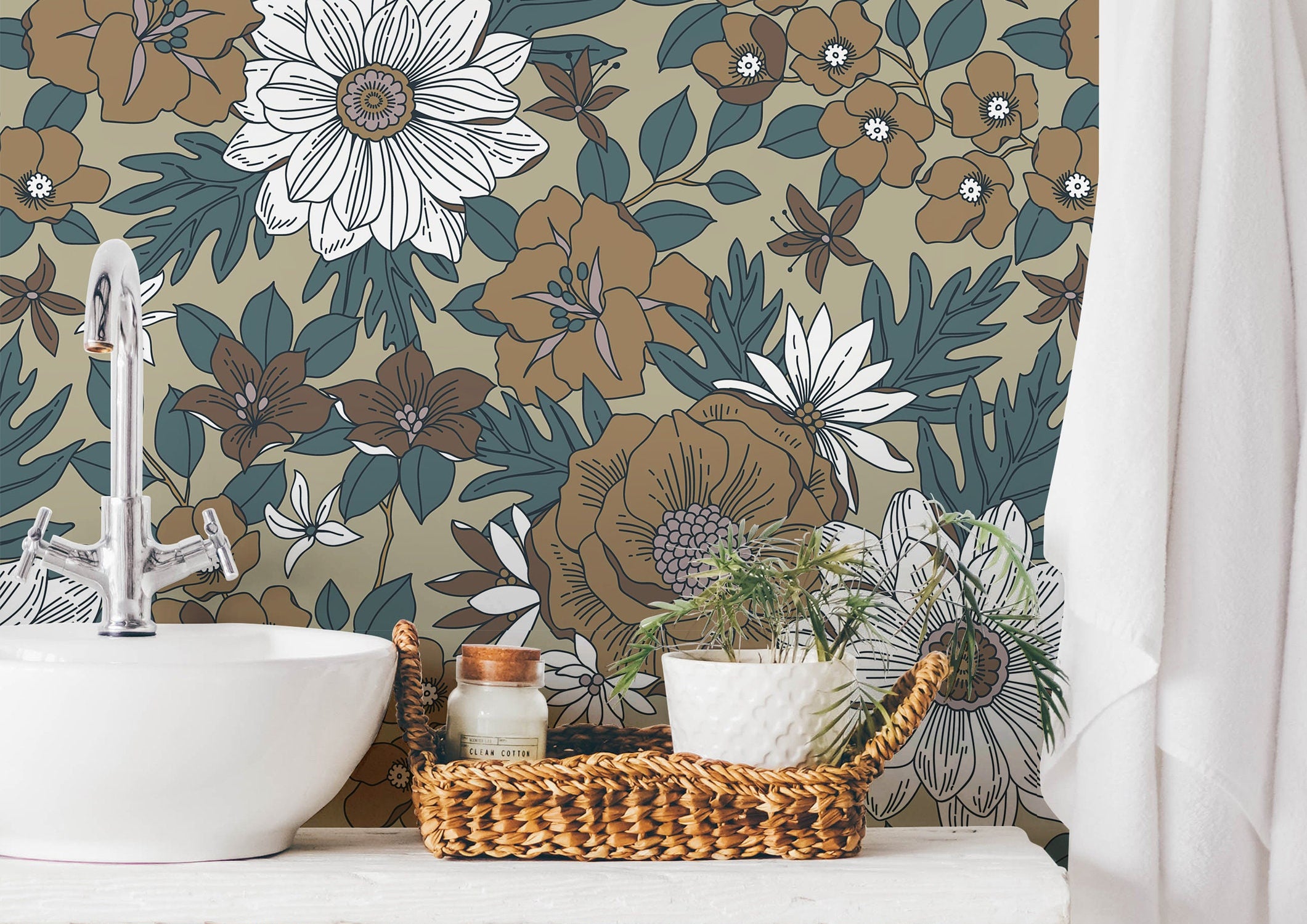 bold floral wallpaper with taupe background and sage leaves 782