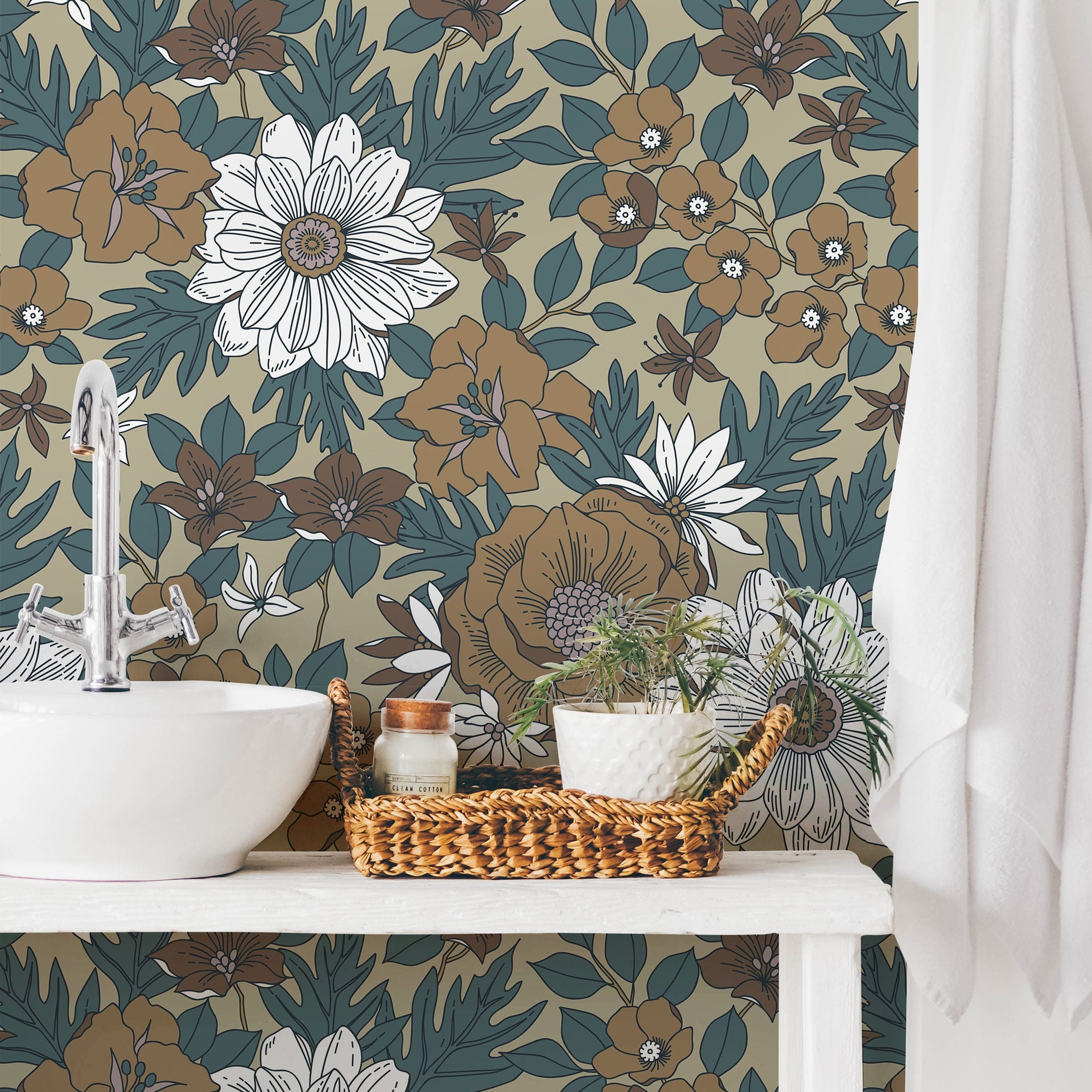 bold floral wallpaper with taupe background and sage leaves 782