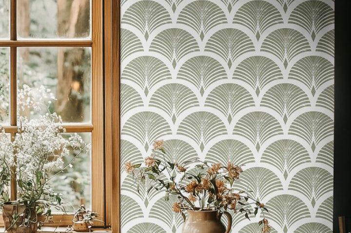 sagecroft olive wallpaper on accent wall with soft natural lighting – geometric curved pattern – james & colors