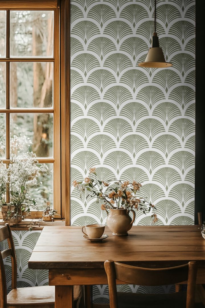  sagecroft olive green art deco wallpaper behind wood dining table with dried flowers and pendant light