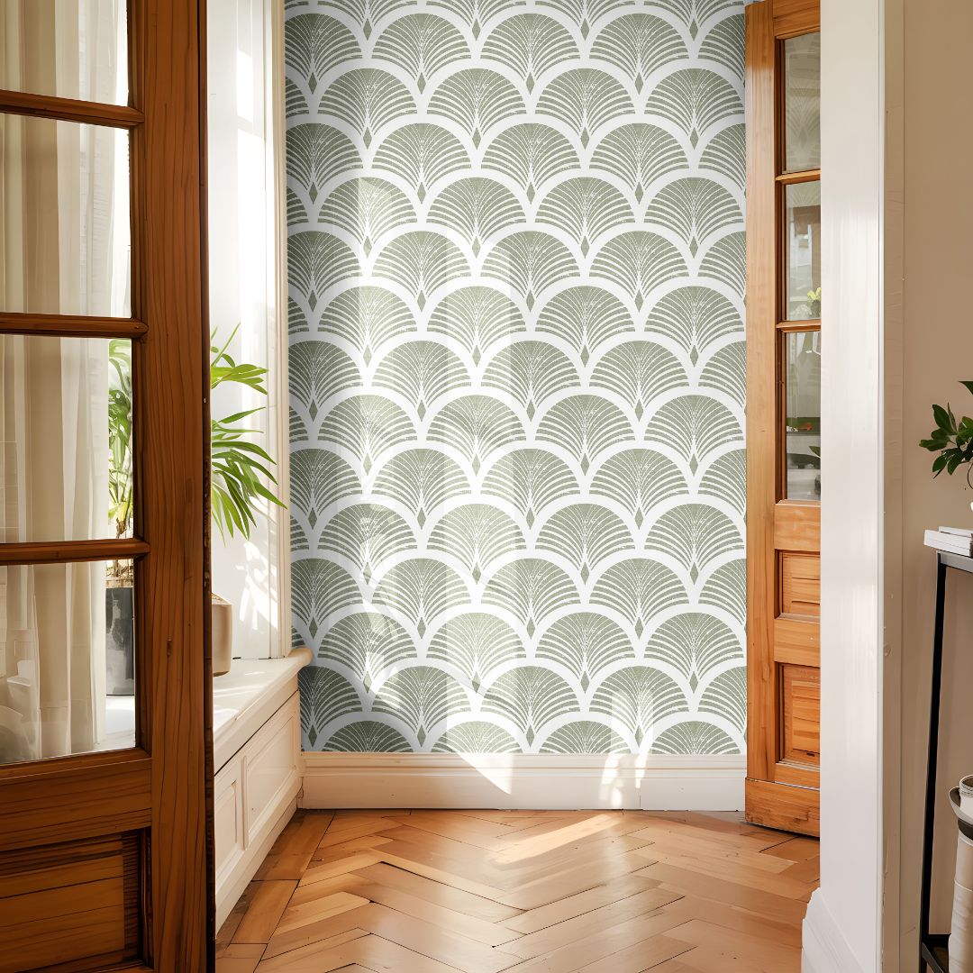 sagecroft olive green fan wallpaper in bright entryway with warm wood doors and herringbone floor
