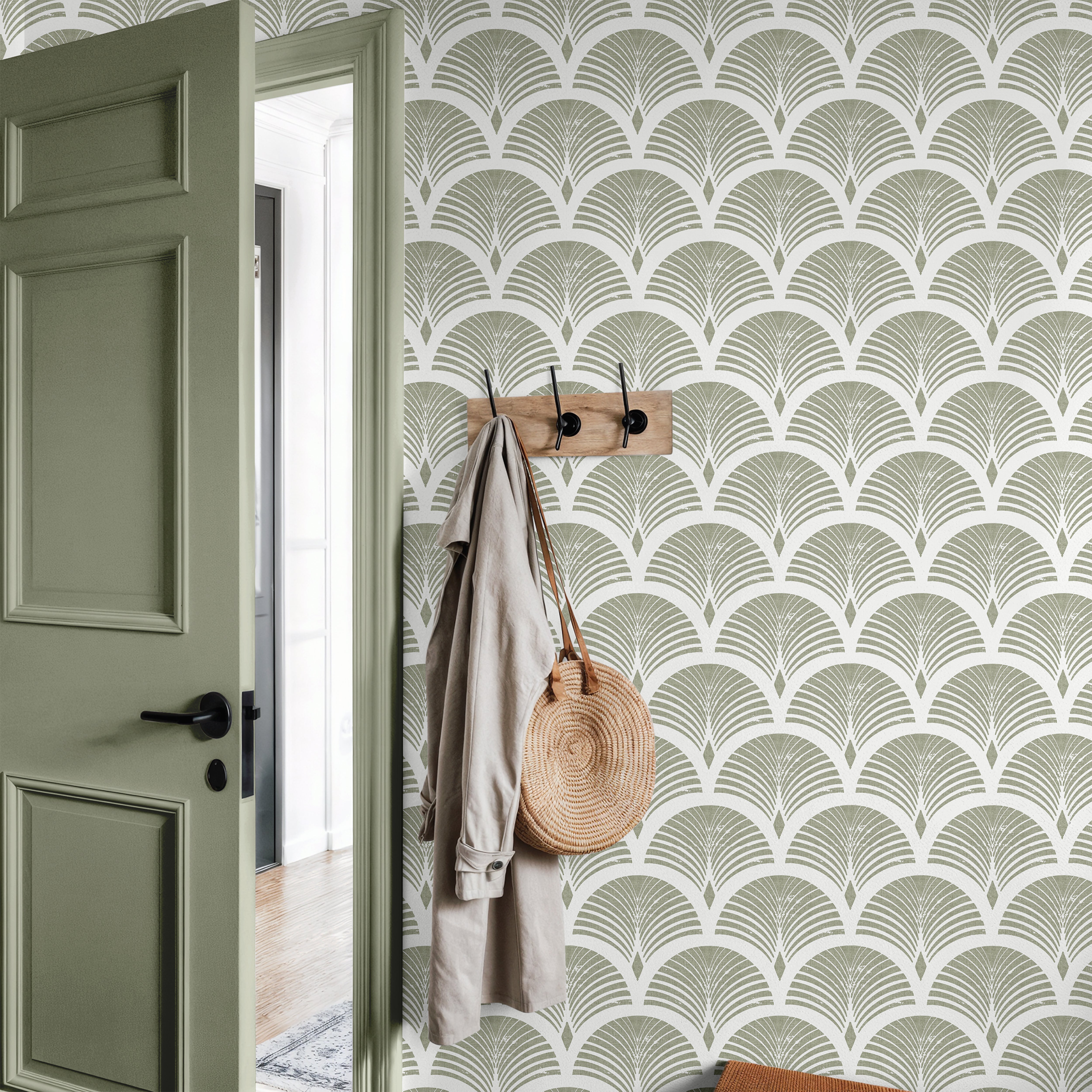 straight on view of sagecroft olive green wallpaper with ivory scallops and distressed fan lines